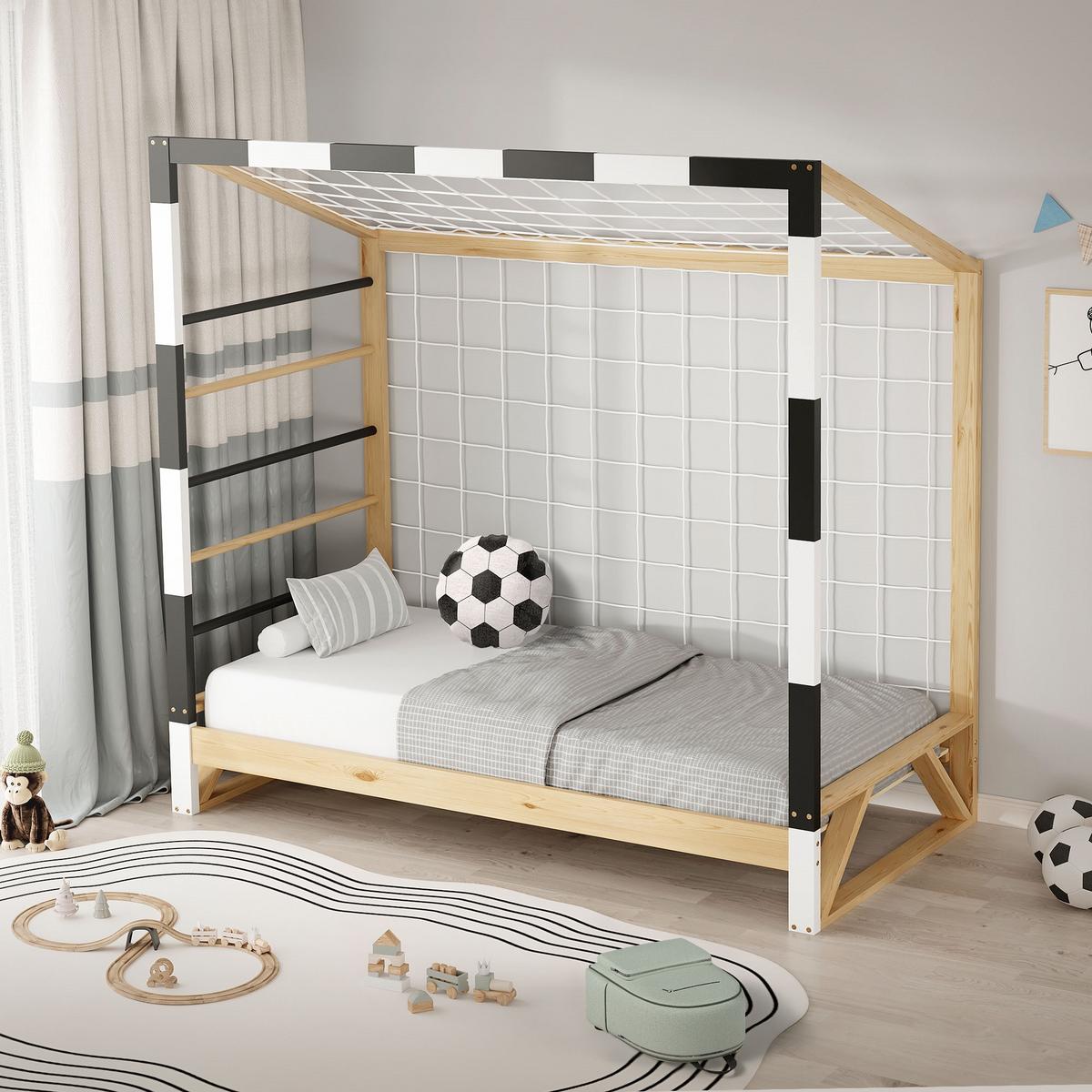 KINDERBETT Fußballtor 80x160 cm Schwarz-Weiß - Hellbraun, Holz (80/170cm) - ML-DESIGN