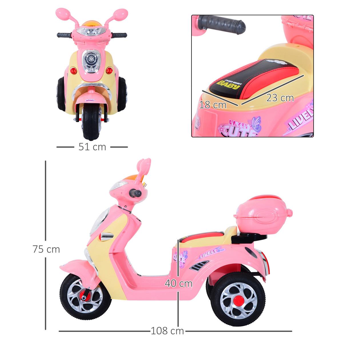 ELEKTRO Kindermotorrad Elektromotorrad Elektroauto Kinderfahrzeug Dreirad 3 km/h - Rosa, Kunststoff (108/51/75cm) - HOMCOM