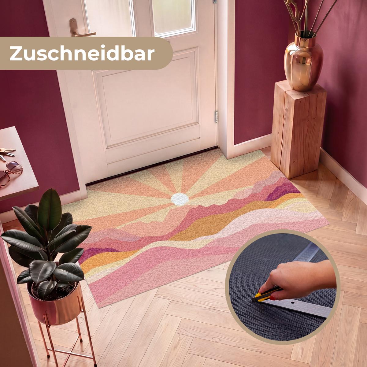 FUSSMATTE Berge - Abstrakt - Sonnenstrahlen - Rosa Sauberlaufmatte 150x90 cm - Rosa, Kunststoff (150/0.4cm) - MuchoWow