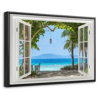 LEINWAND Bilder mit Rahmen - Aussicht - Baum - Meer - Palme - Hügel - Strand - Blau - 30x20 - Blau, Textil (30/20cm) - MuchoWow
