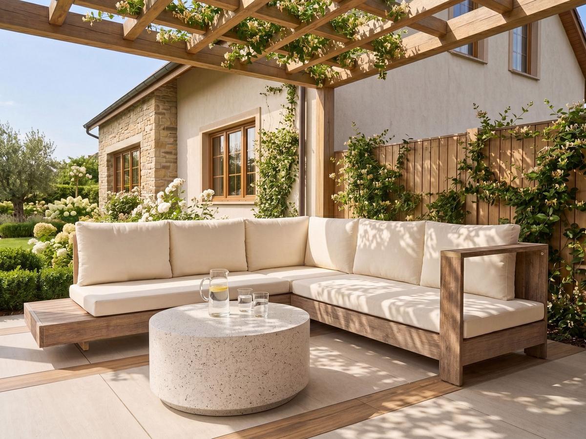 GARTENECKSOFA 5-Sitzer zertifiziertes Akazienholz linksseitig Cremeweiß Marettimo - Hellbraun/Braun, Holz (225/64/212cm) - Beliani