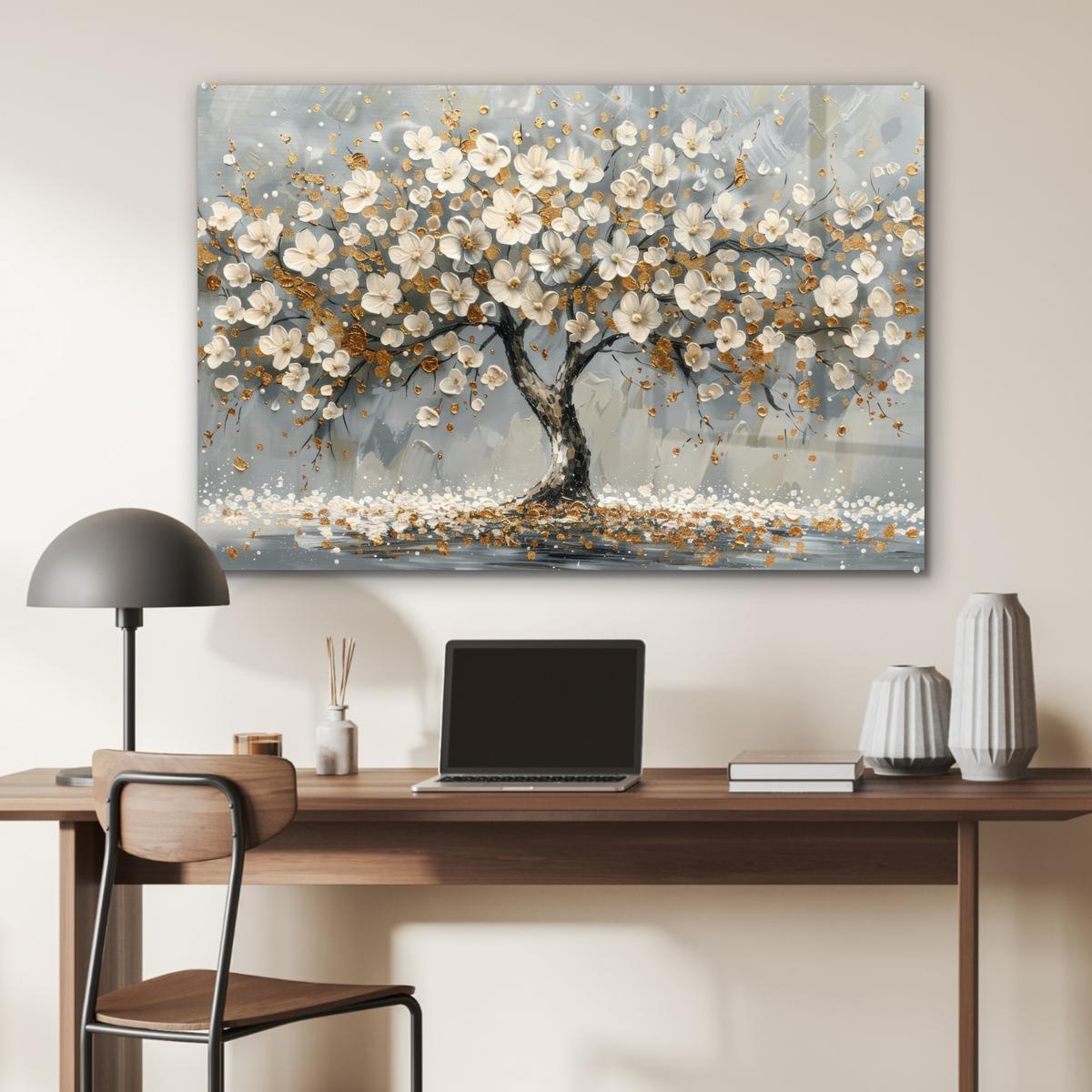 ACRYLGLASBILD Baum - Blumen - Weiß - Natur - Kunst Wandbild Schlafzimmer 120x80 cm - Weiß, Glas (120/80cm) - MuchoWow