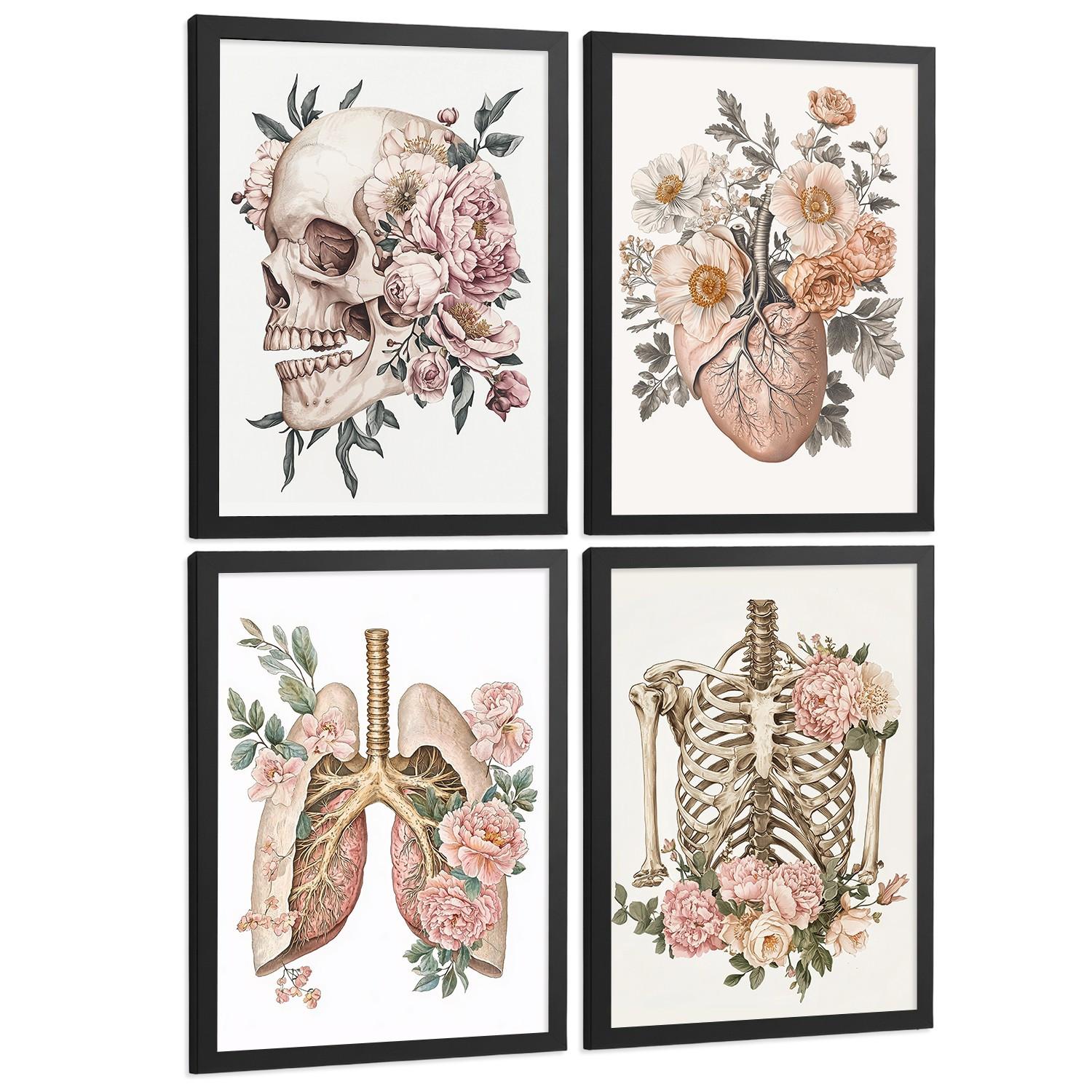 POSTER Set aus 4 Anatomie Mensch Florale Drucke und mit Schädel Herz Lungen und Skelett Botanische Aquarell dekoration Größe Schwarzer Rahmen A4 - Schwarz, Papier (21/29.7/3cm) - Nacnic
