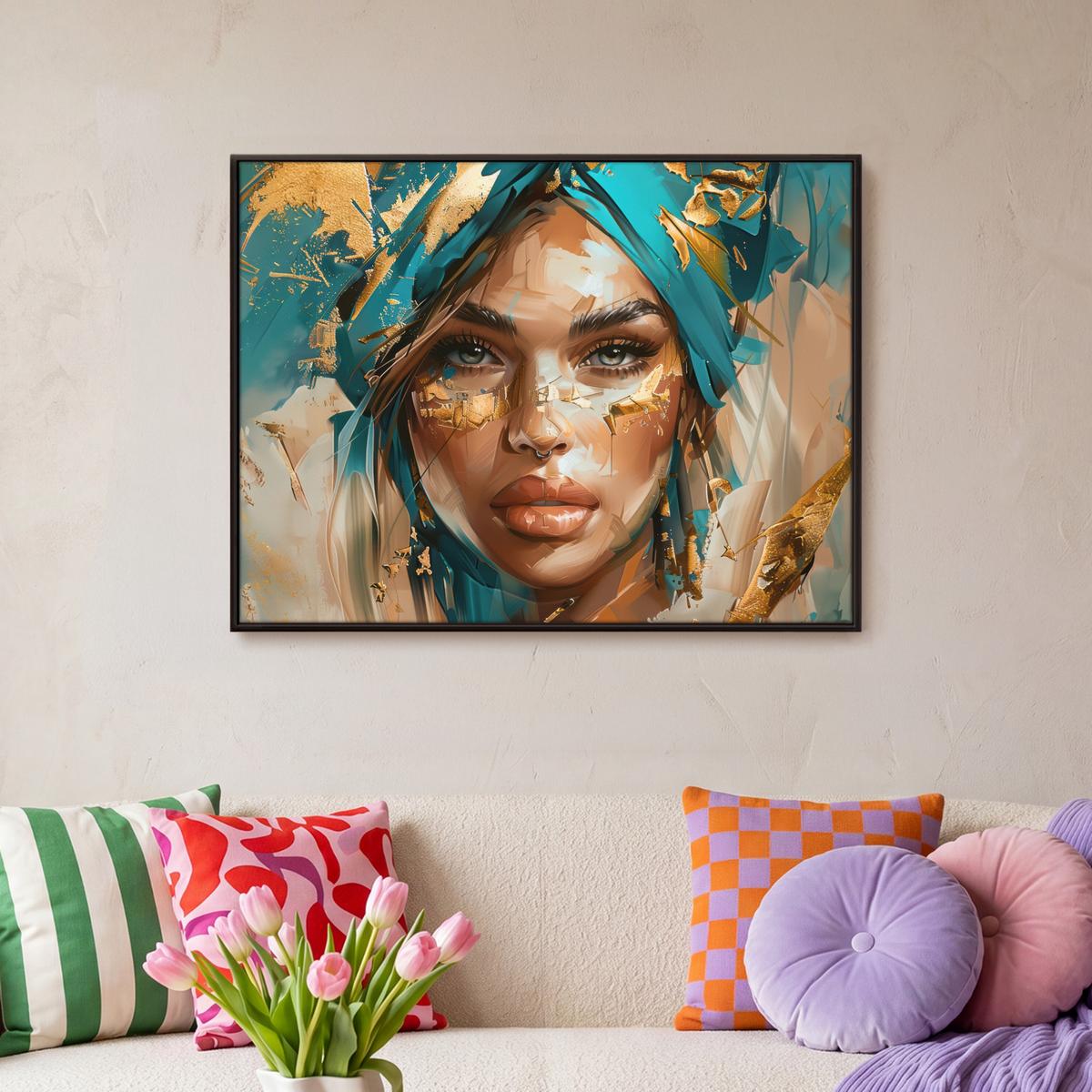 LEINWAND Bilder mit Rahmen - Frau - Porträt - Gold - Luxus - Blau - 80x60 - Türkis, Textil (80/60cm) - MuchoWow