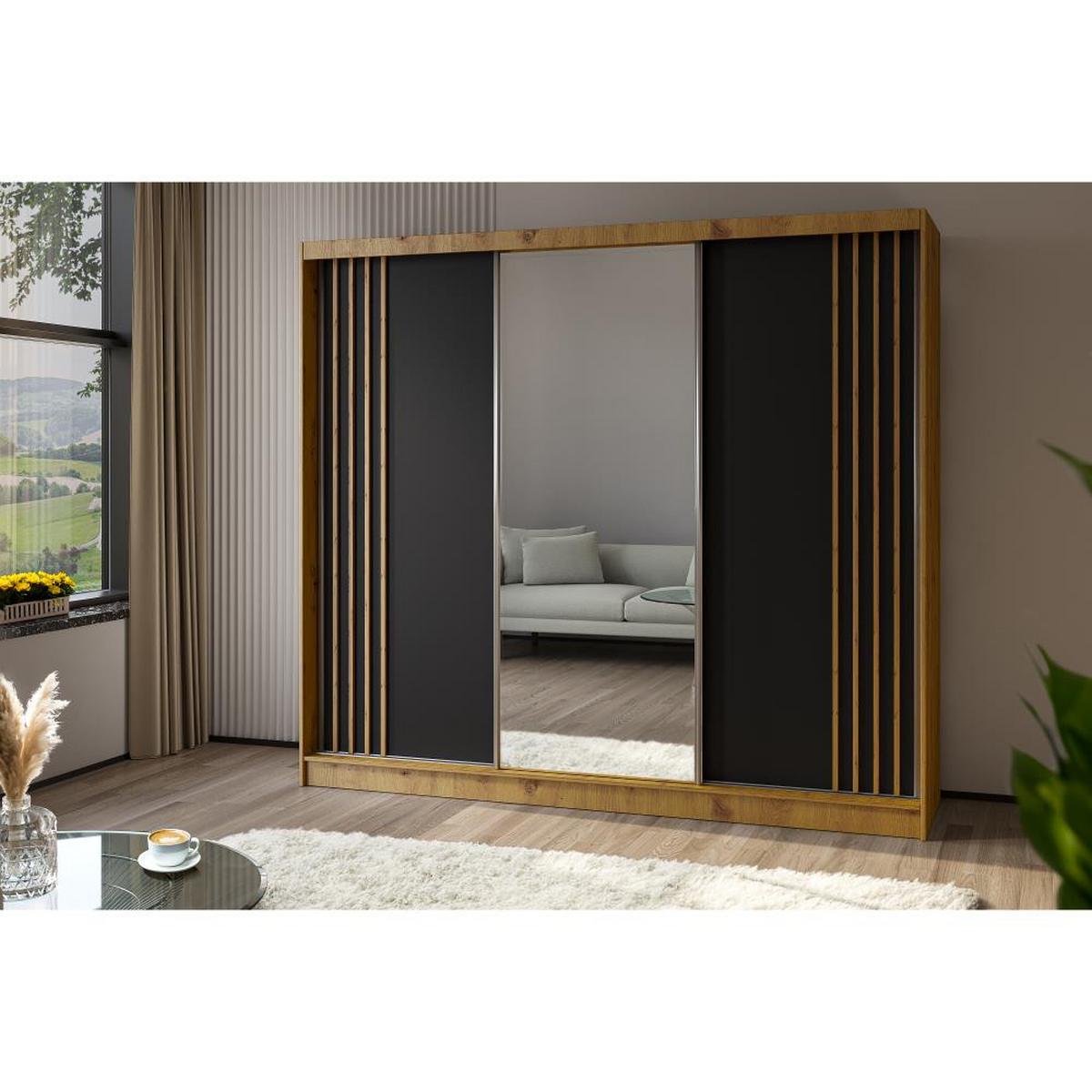 SCHWEBETÜRENSCHRANK Nela II 240/216/61 eiche artisan mit Schubladen - Schwarz/Eiche Artisan, Holzwerkstoff (240/216/61cm) - Beautysofa