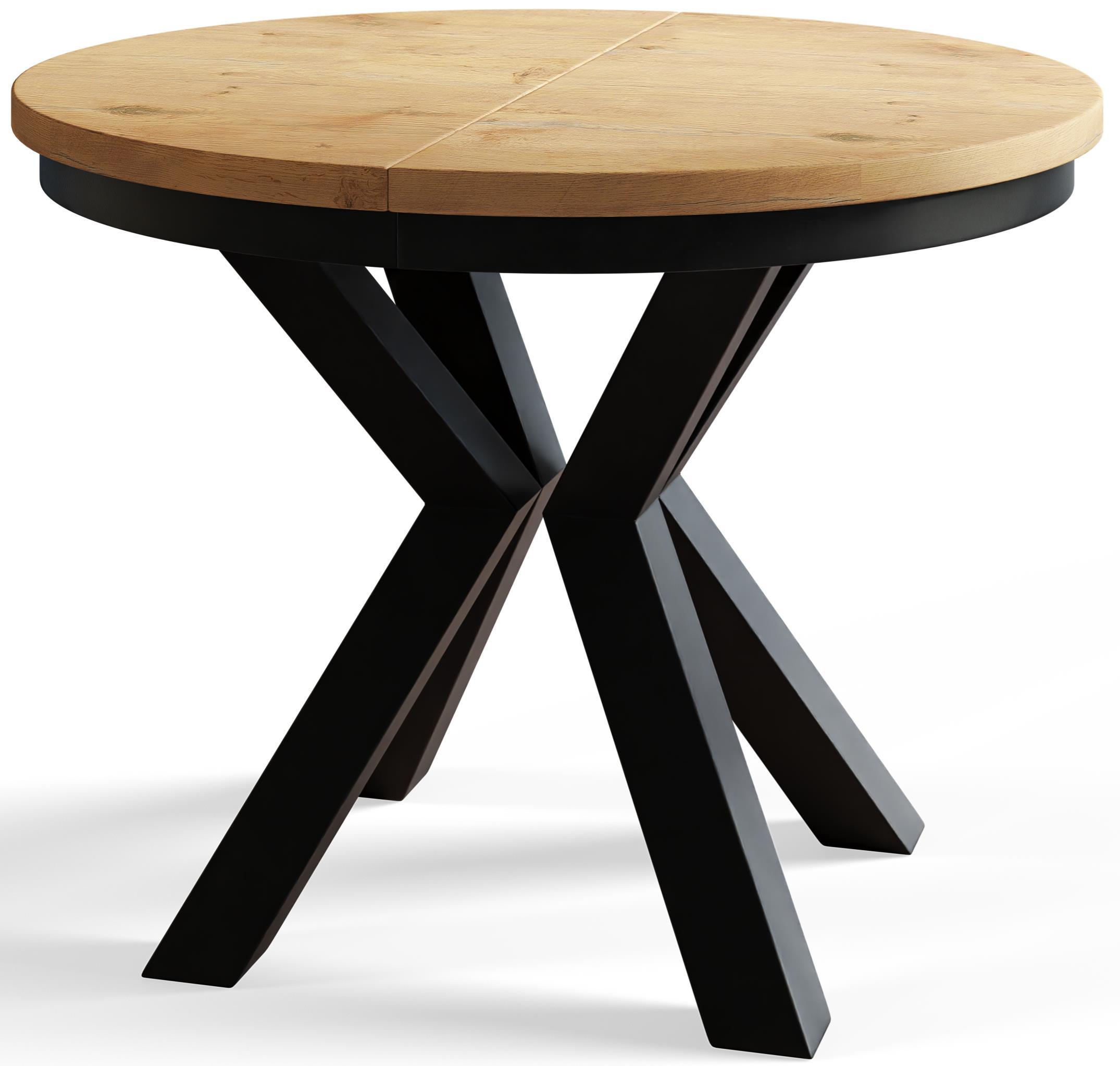 RUNDER Esszimmertisch LOFT, ausziehbarer Tisch Durchmesser: 100 cm/180 cm, Wohnzimmertisch Farbe: Hellbraun, mit Metallbeinen in Farbe Schwarz - Beige/Schwarz, Holzwerkstoff (100/100/76cm) - Alpi-Möbel