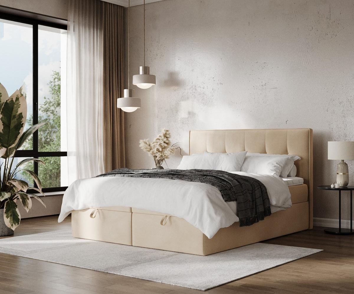 BOXBETT Tivra 200/200 cm Beige im Kronos Stoff - Beige/Schwarz, Holz/Holzwerkstoff (200/200cm) - AltaBeds