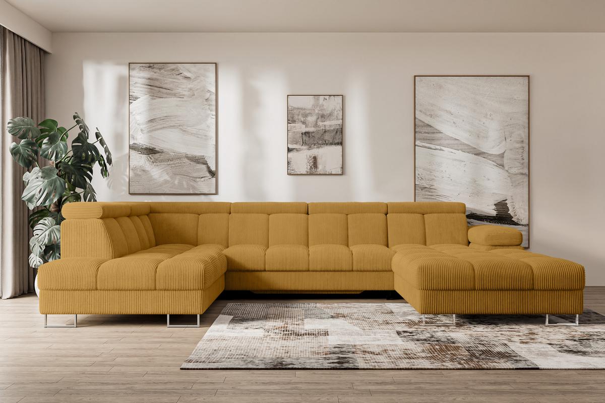 WOHNLANDSCHAFT mit Schlaffunktion und Bettkasten Ottomane Links COMA U 345x203x79 Senfgelb Cord - Honig, Holzwerkstoff/Textil (345/79/203cm) - ALTDECOR