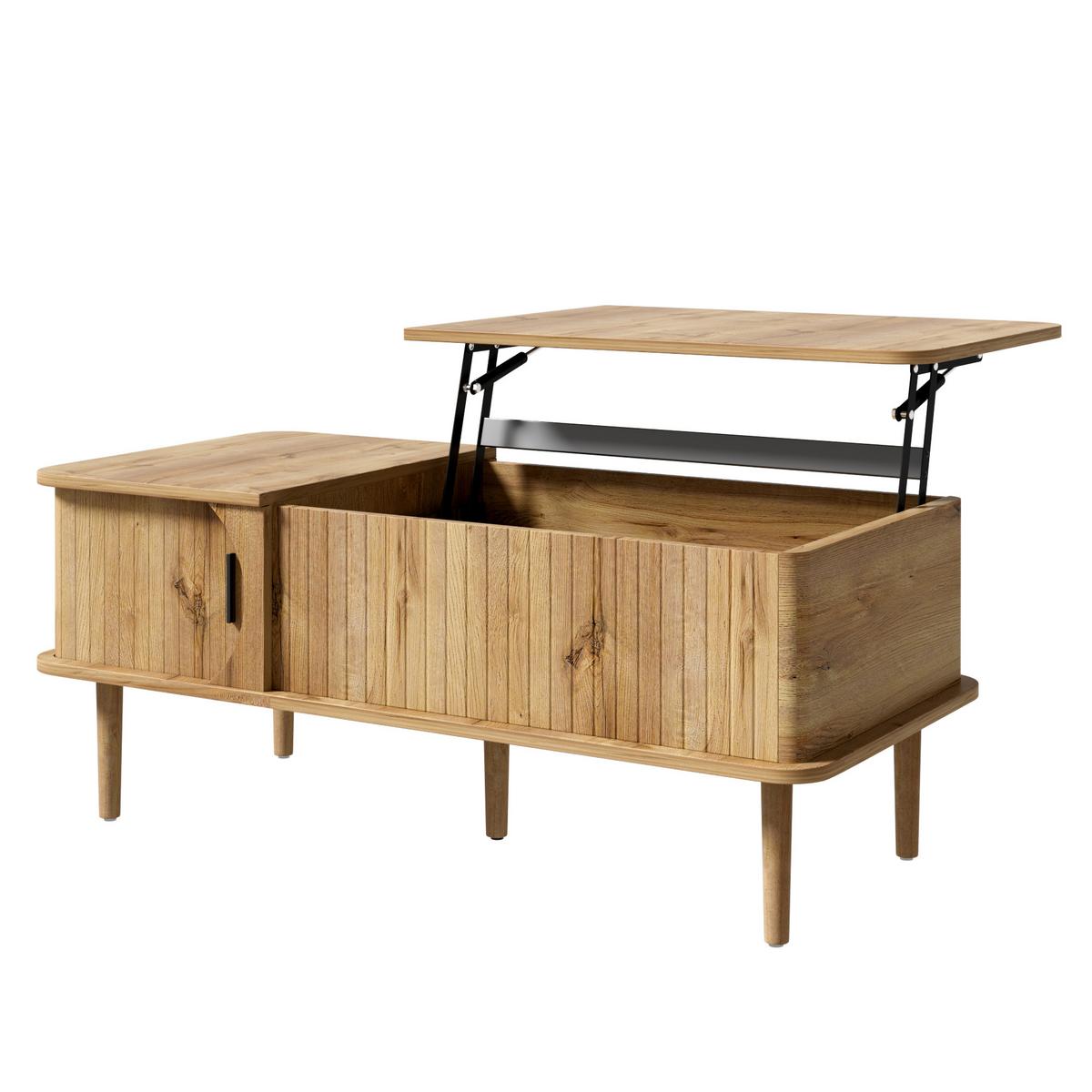 COUCHTISCH Holzoptik Höhenverstellbar mit Rillenoptik & Schiebetür - Naturfarben, Holzwerkstoff (48/100/55.5cm) - Urban Meuble