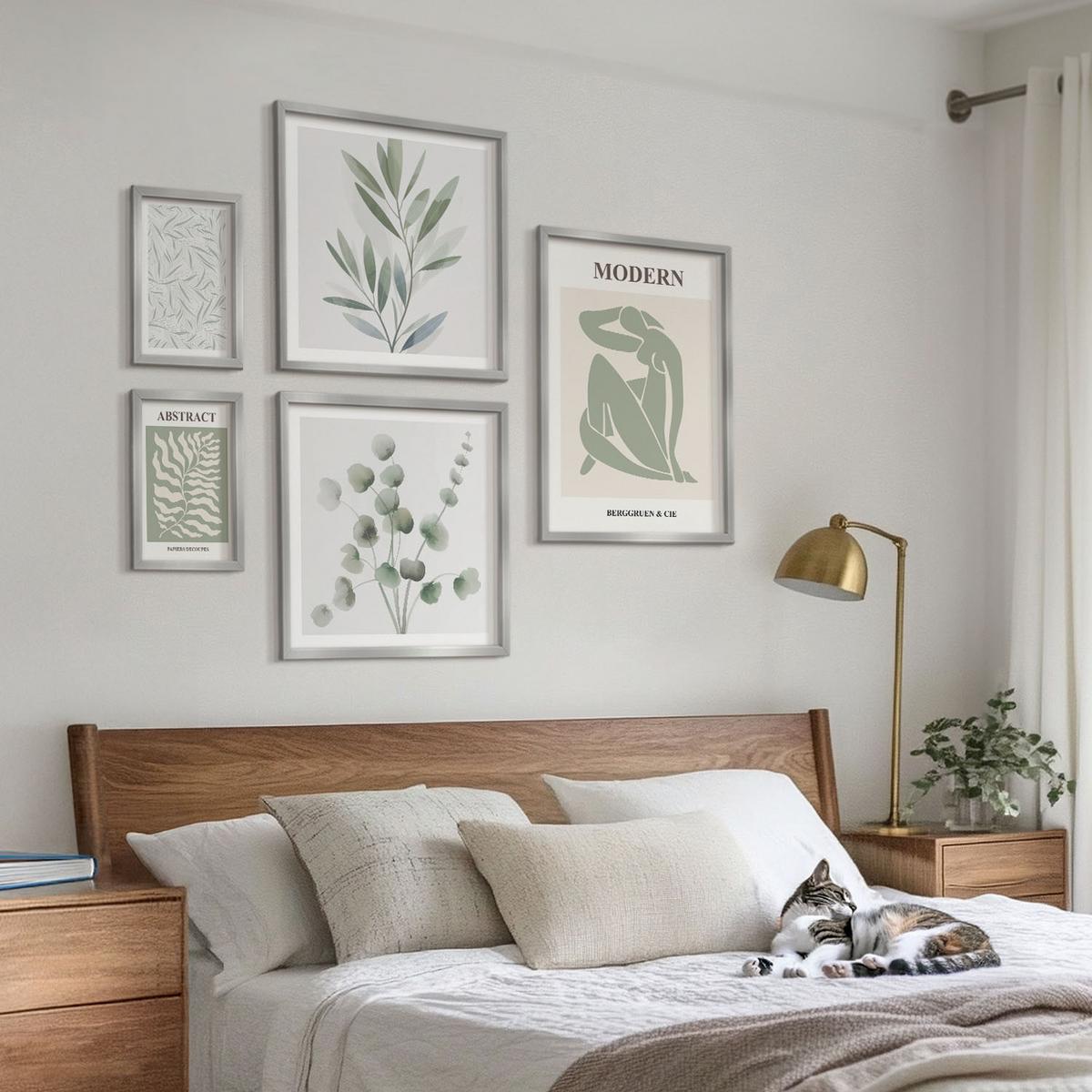 BILDER SET 5er Set - 50x50 cm & 20x30 cm & 40x60 cm Silberner Rahmen - Matisse entwirft Boho-Pflanzen - Silberfarben, Kunststoff (40/60cm) - TULUP