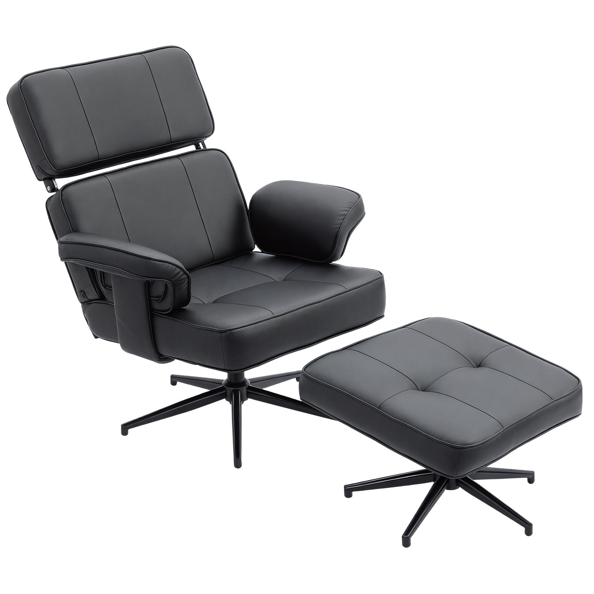 RELAXSESSEL mit Hocker Verstellbare Kopfstütze Liegefunktion Kunstleder Schwarz - Schwarz, Textil/Metall (79/89/91cm) - HOMCOM