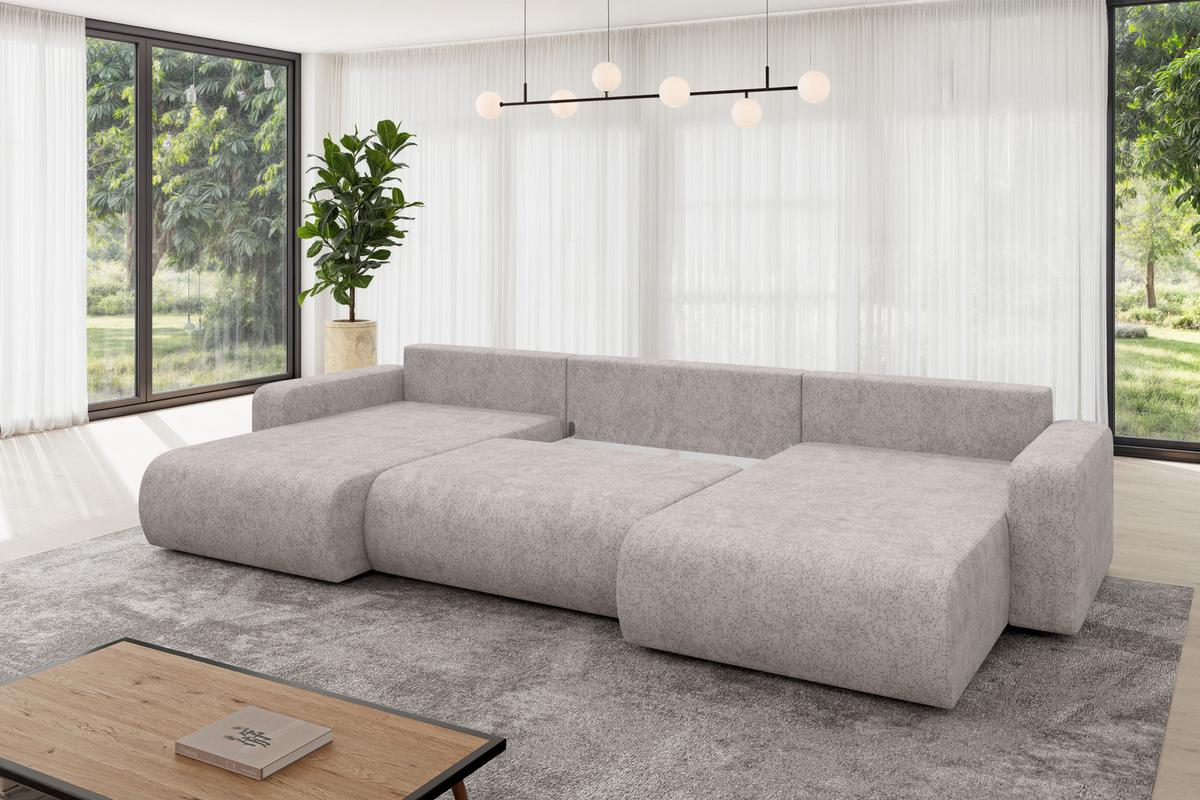 WOHNLANDSCHAFT mit Schlaffunktion und Bettkasten BERY-U 377x193x88 Hellgrau Velours - Hellgrau/Schwarz, Holzwerkstoff/Kunststoff (377/88/193cm) - ALTDECOR