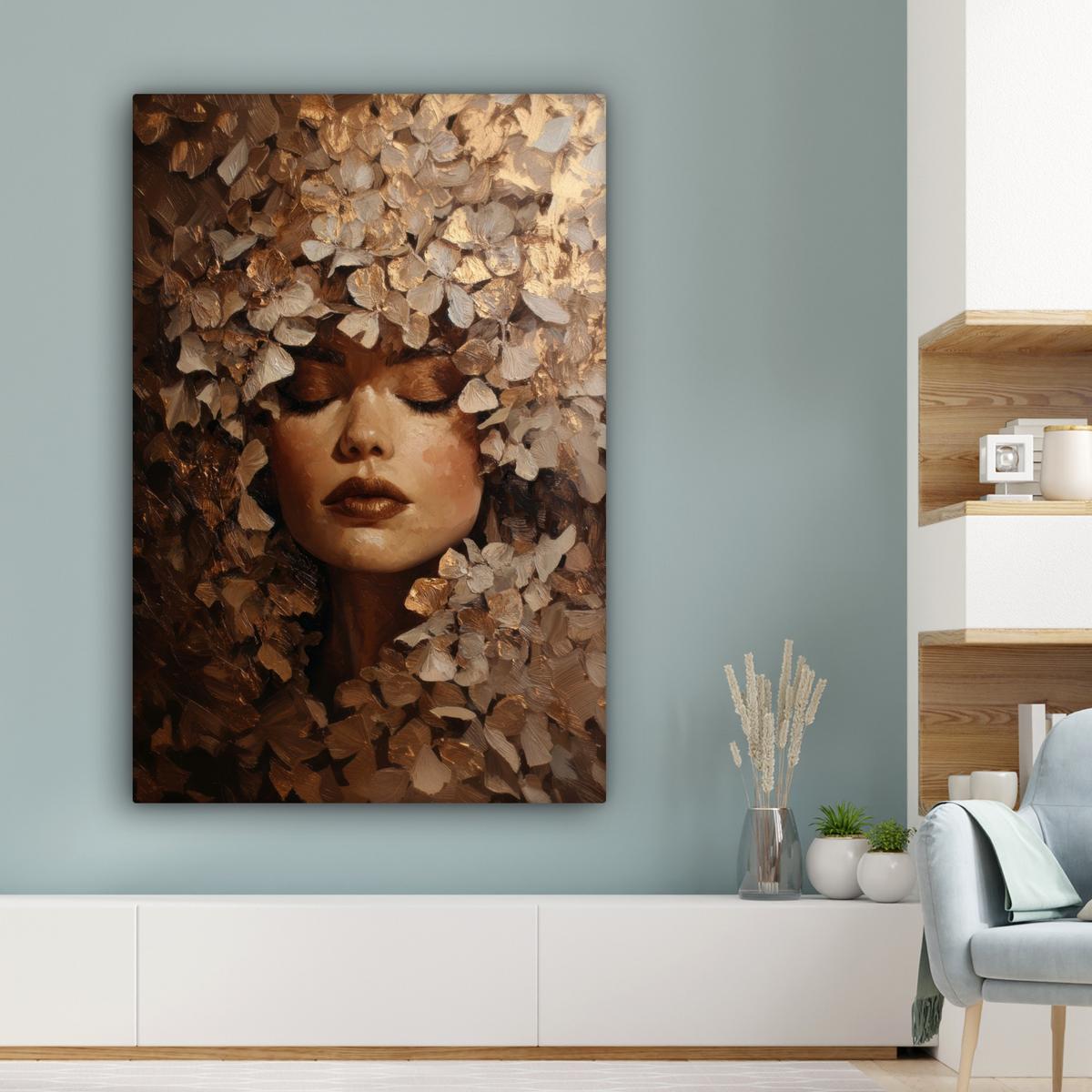 LEINWANDBILD Gesicht - Dame - Blätter - Pinselstriche Deko XXL 80x120 cm - Goldfarben, Textil (80/120cm) - MuchoWow