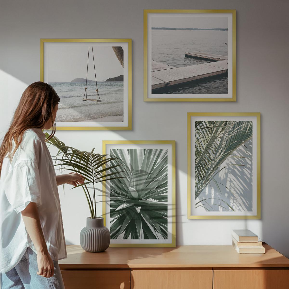 BILDER SET 4er Set - 50x50 cm & 40x60 cm Goldrahmen - Hängebrücke aus Palmenblättern - Goldfarben, Kunststoff (50/50cm) - TULUP