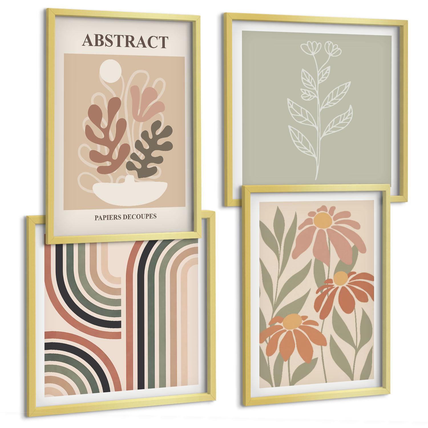 BILDER SET 4er Set - 50x50 cm & 40x60 cm Goldrahmen - Abstrakte Pastellpflanzen - Goldfarben, Kunststoff (50/50cm) - TULUP