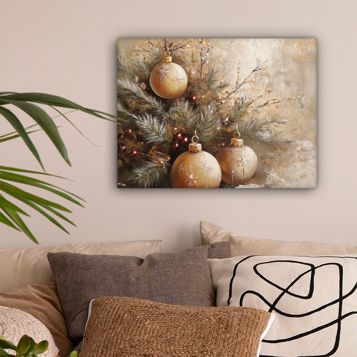 LEINWANDBILD Weihnachten - Kugeln - Beige - Gold Wandbild 40x30 cm - Goldfarben, Textil (40/30cm) - MuchoWow