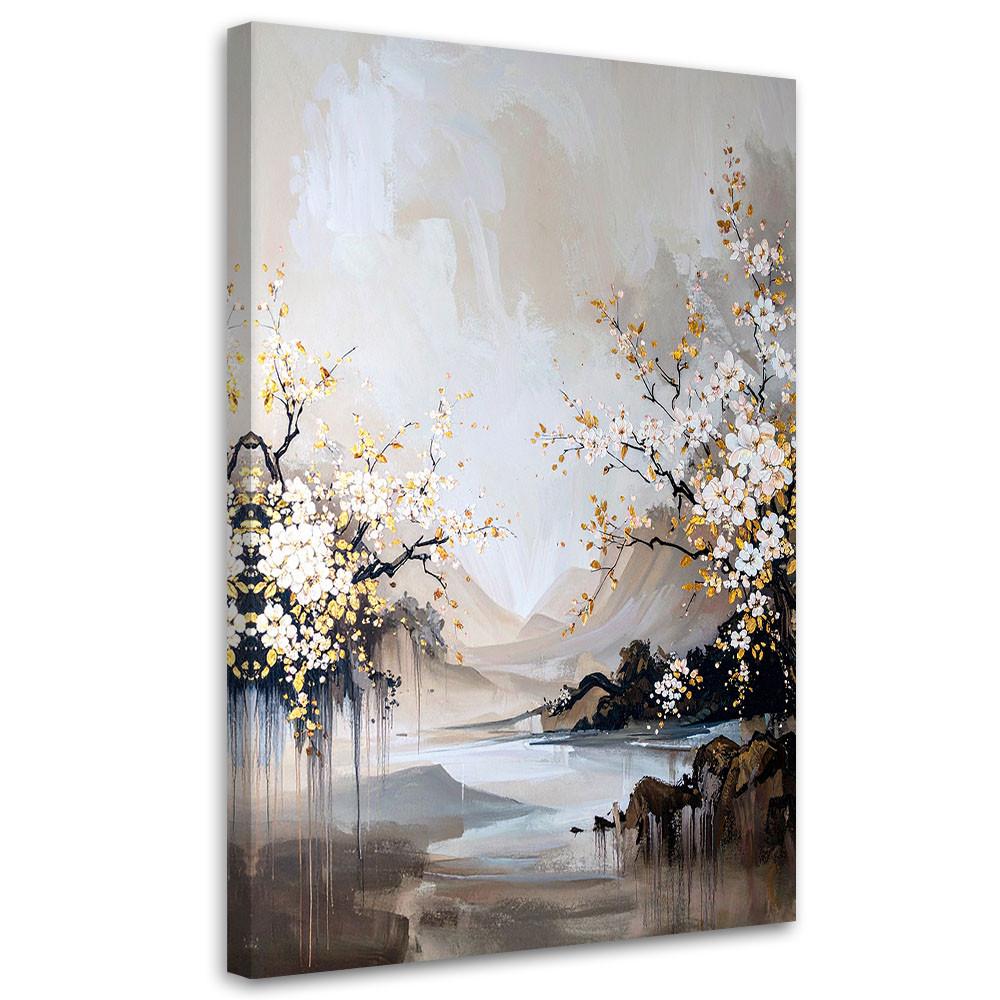 WANDBILD, Japanische Landschaft Kirschblüten beige - Weiß, Textil (70/100cm) - Feeby
