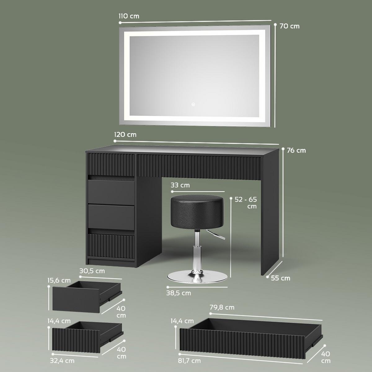 SCHMINKTISCH Allia Schwarz mit LED-Spiegel und Hocker - Schwarz, Holzwerkstoff (120/76/55cm) - Livinity®
