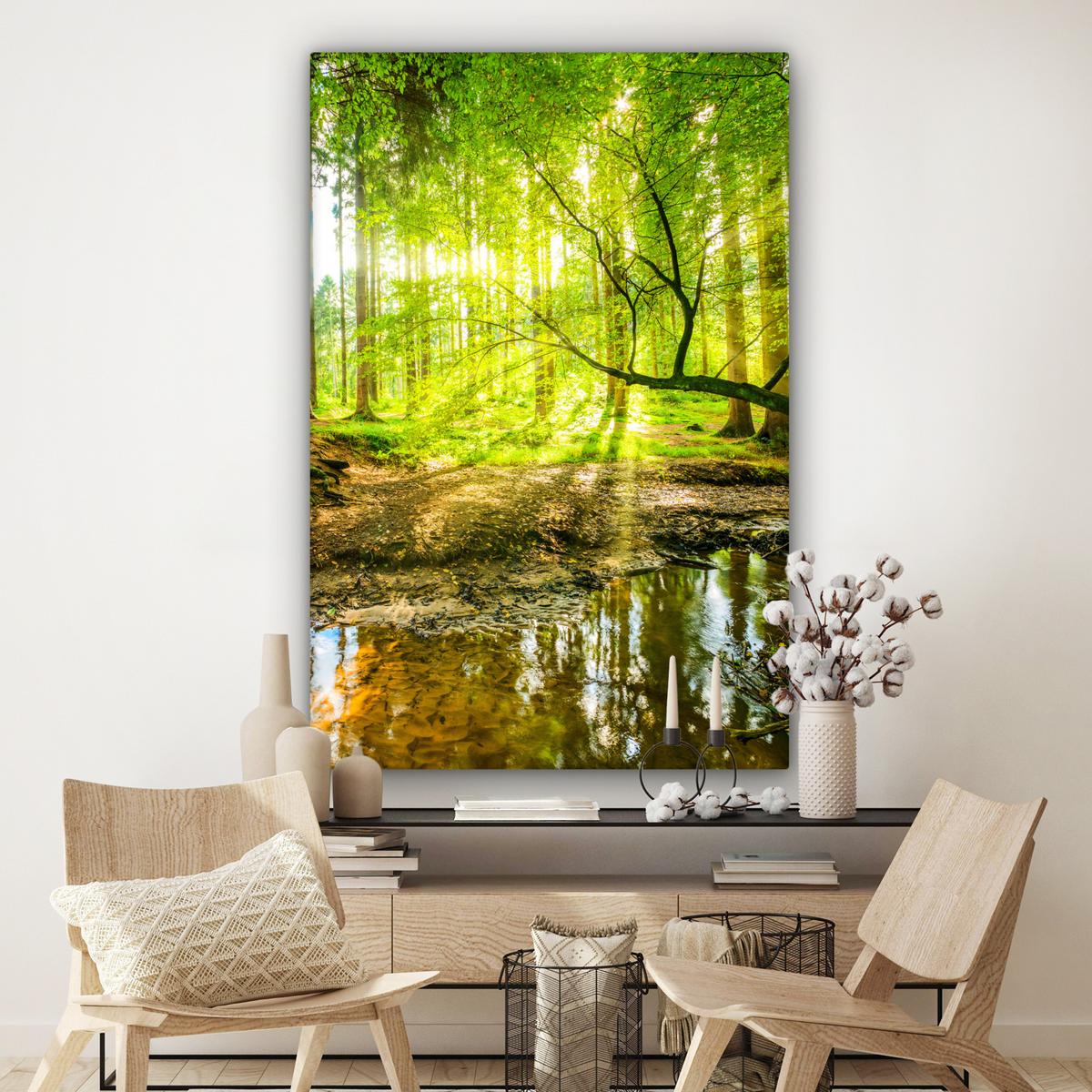 LEINWANDBILD Wald - Landschaft - Wasser - Bäume - Sonne - Grün - Natur Deko Groß 90x140 cm - Grün, Textil (90/140cm) - MuchoWow