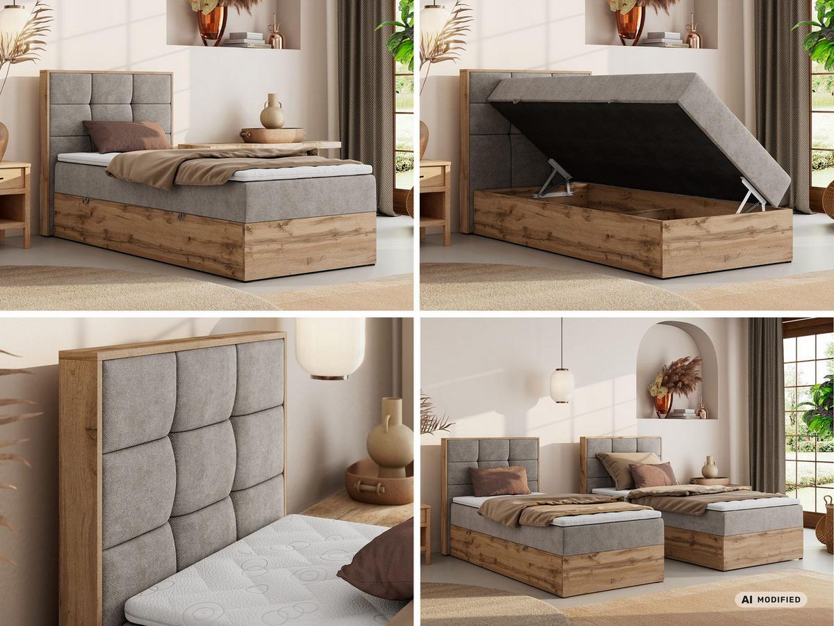 BOXBETT ALBERO 1 90/200 - Greige Stukture - Topper T25 - H4 - Links - Greige/Schwarz, Kunststoff/Textil (90/200cm) - MKS