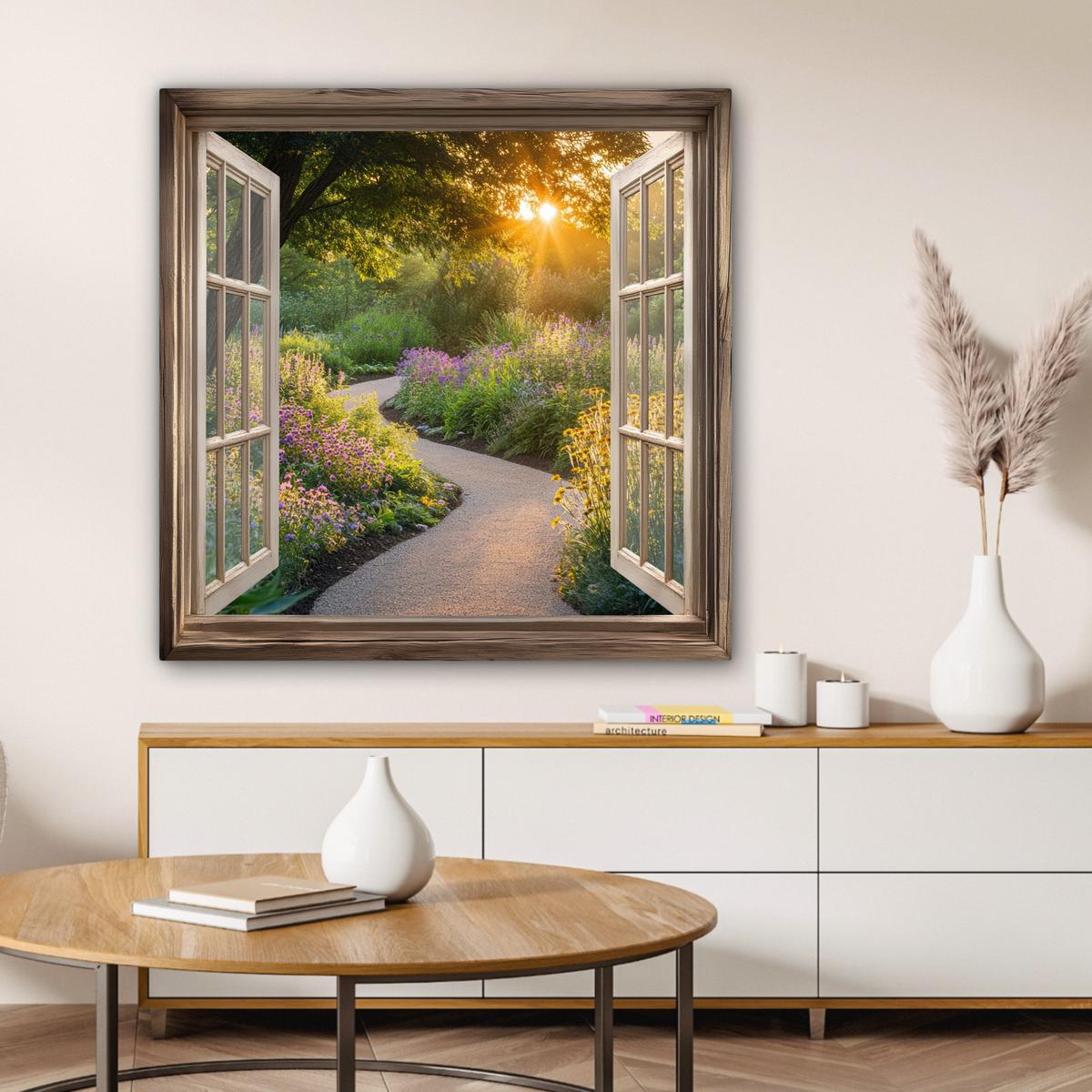 LEINWANDBILD Aussicht - Blumen - Natur - Sonne - Weg Deko Groß 90x90 cm - Hellgelb, Textil (90/90cm) - MuchoWow