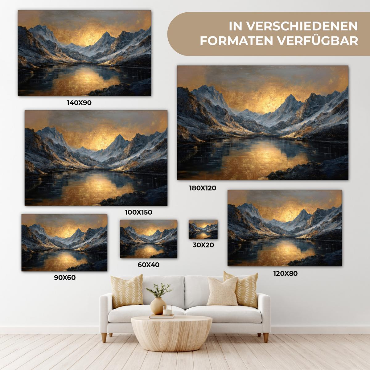 LEINWANDBILD Bergkulisse mit goldenem Sonnenuntergang Wohnzimmer Groß 120x80 cm - Goldfarben, Textil (120/80cm) - MuchoWow