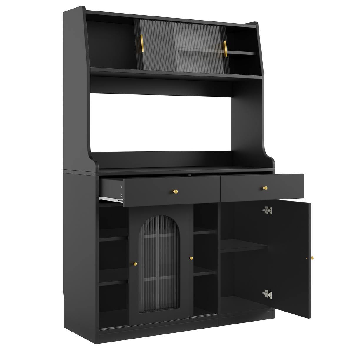 BUFFETSCHRANK schwarz mit glastüren 180 cm hoch mit app-led & 2 schubladen - Schwarz, Holzwerkstoff (120/180/40cm) - Urban Meuble
