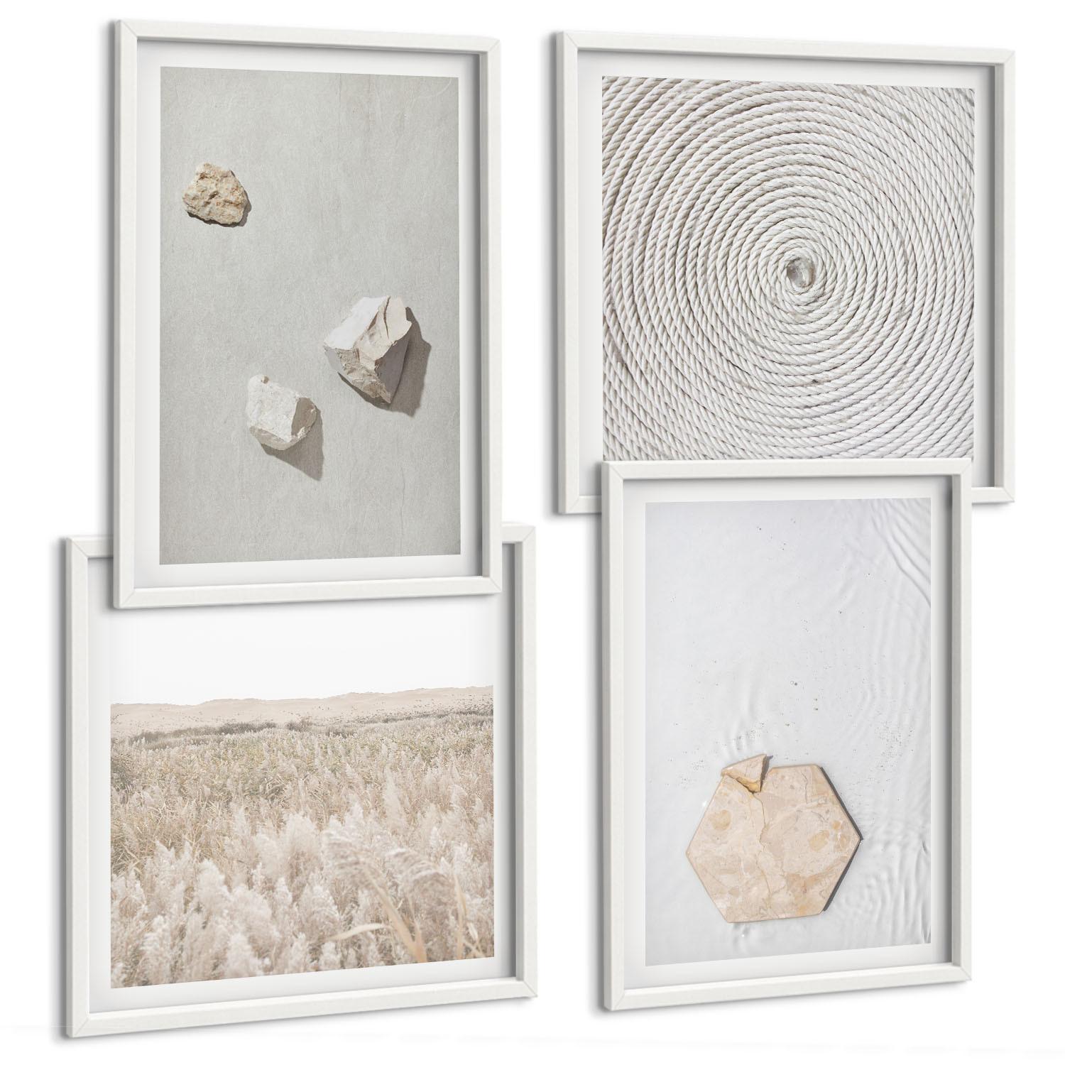 BILDER SET 4er Set - 50x50 cm & 40x60 cm Weißer Rahmen - Leichte Boho-Sandtexturen - Weiß, Kunststoff (50/50cm) - TULUP