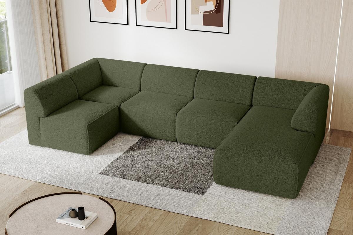 WOHNLANDSCHAFT Ottomane Rechts MOVO-L 345x180x78 cm Grün Bouclé - Dunkelgrün, Holzwerkstoff/Kunststoff (180/78/345cm) - ALTDECOR