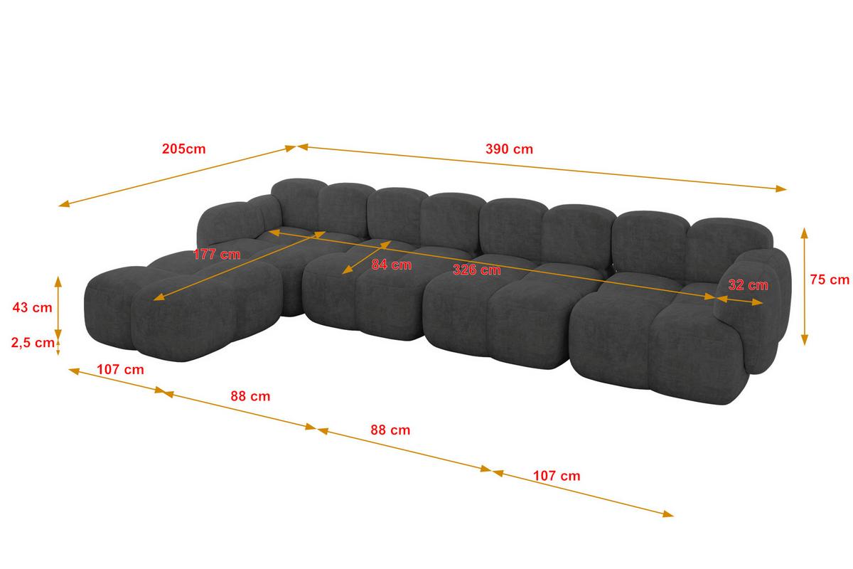 ECKSOFA modulares Sofa Links Miko-L3 390x205x75 Dunkelgrau Velours - Dunkelgrau/Schwarz, Holzwerkstoff/Kunststoff (390/205cm) - ALTDECOR