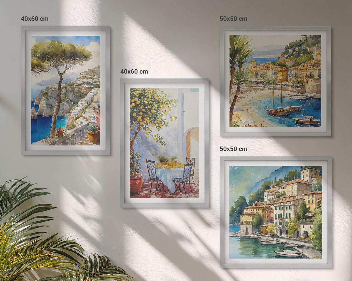 BILDER SET 4er Set - 50x50 cm & 40x60 cm Silberner Rahmen - Italienische Städte (Aquarell) - Silberfarben, Kunststoff (50/50cm) - TULUP