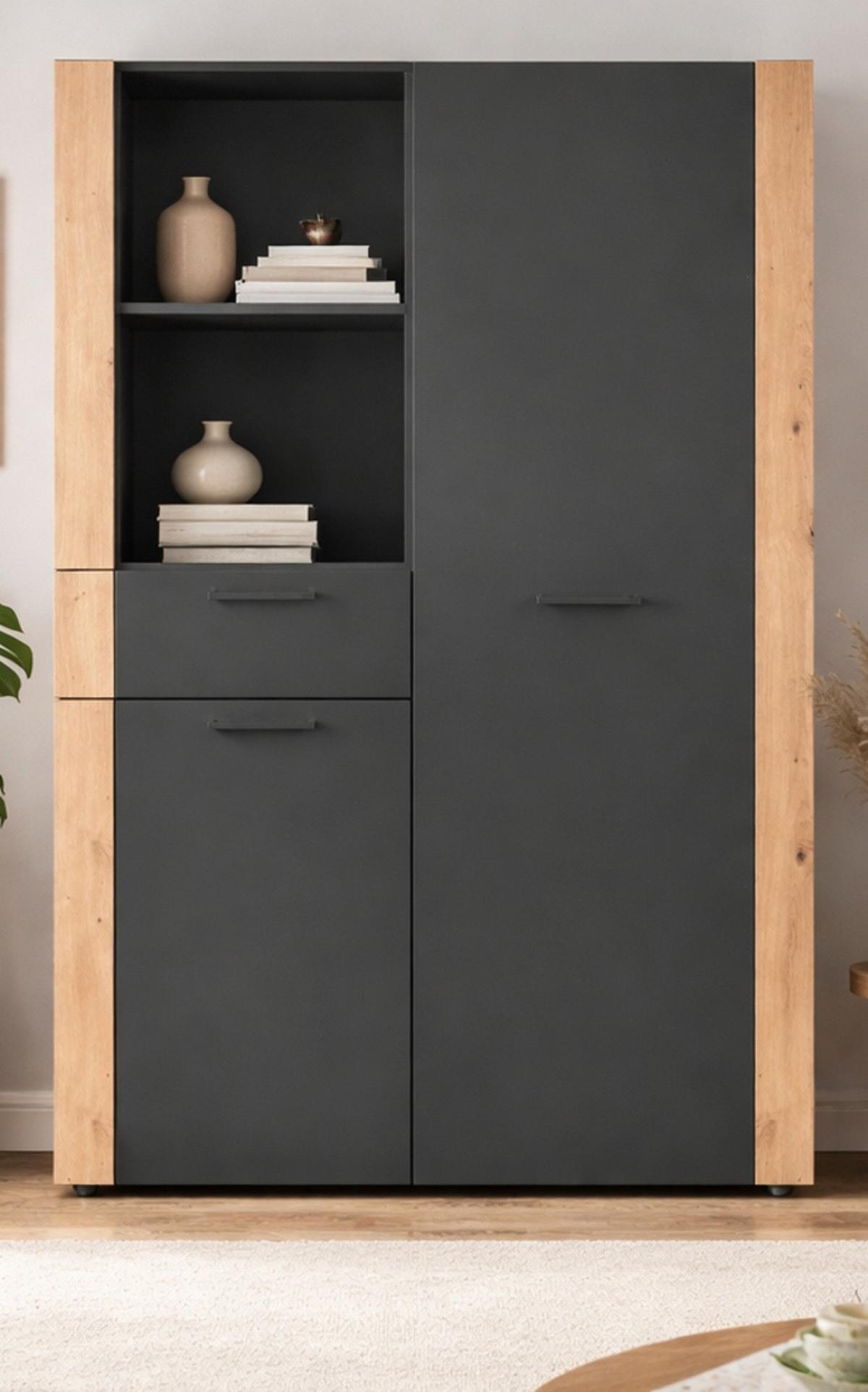 HIGHBOARD grau, Artisan Eiche 100 x 155 cm, Kommode mit viel Stauraum - Anthrazit/Schwarz, Holzwerkstoff/Kunststoff (100/155/34.5cm) - Furn.Design