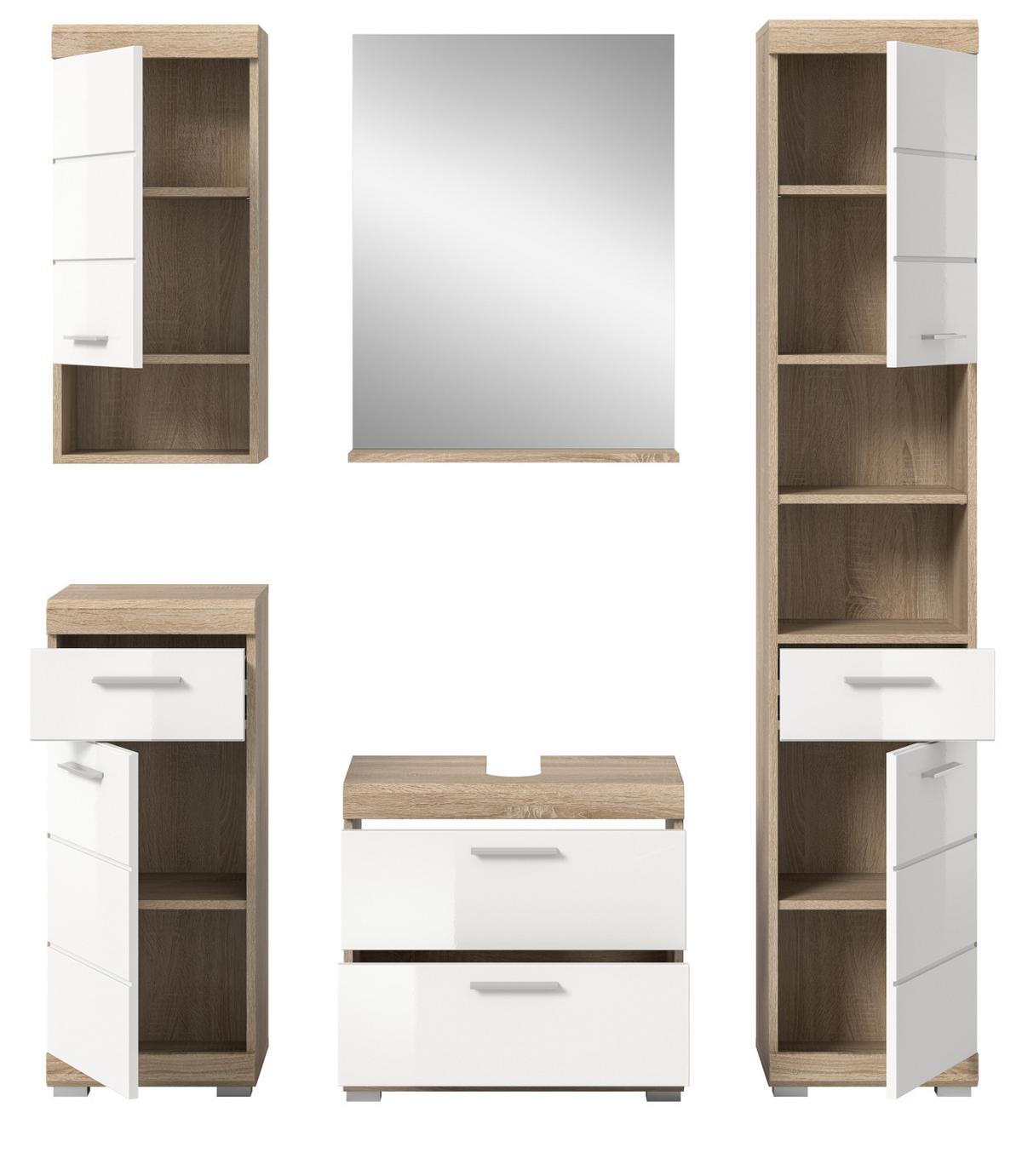 BADMÖBEL-SET weiß Hochglanz, Eiche 5-teilig 164 cm, Komplettset mit viel Stauraum - Weiß Hochglanz/Eichefarben, Holzwerkstoff (164/191/37cm) - Inn.Furn