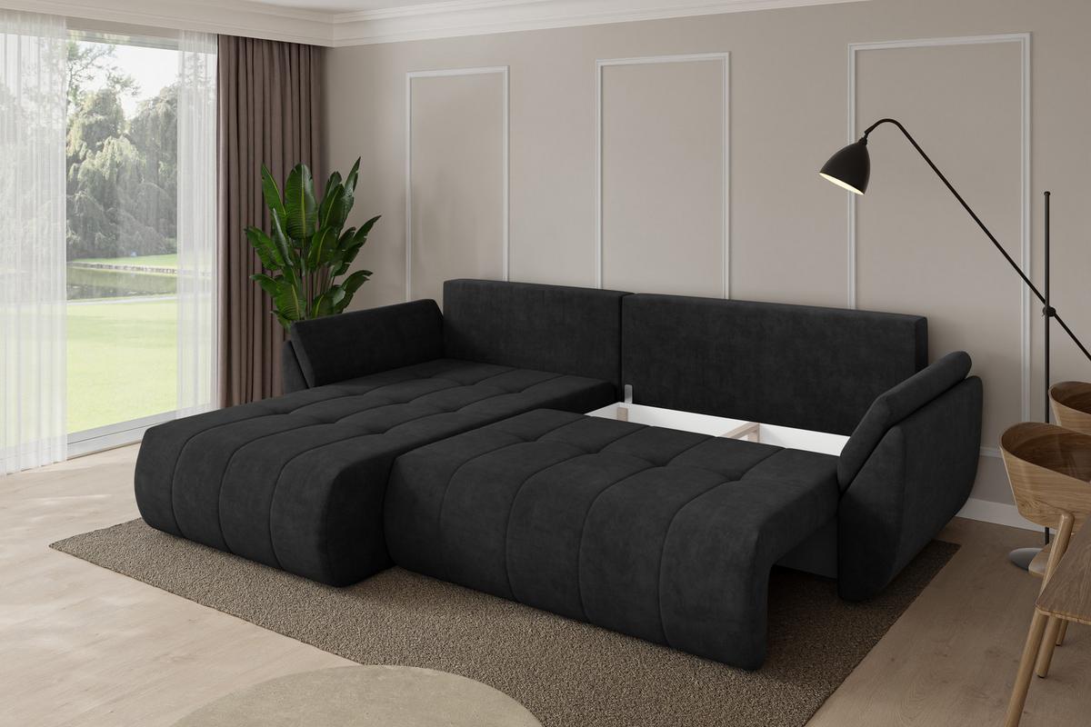 ECKSOFA mit Schlaffunktion Ottomane Links TOKO-L 277x194x86 Schwarz Velours - Schwarz, Holzwerkstoff/Kunststoff (277/194cm) - ALTDECOR