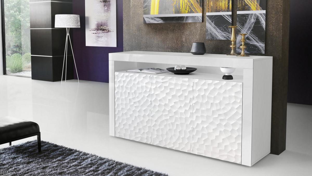 SIDEBOARD Valencia Fronten in Weiß Hochglanz Calypso mit 3D Struktur - Perlmutt, Holzwerkstoff (155/46/40cm) - Vladon