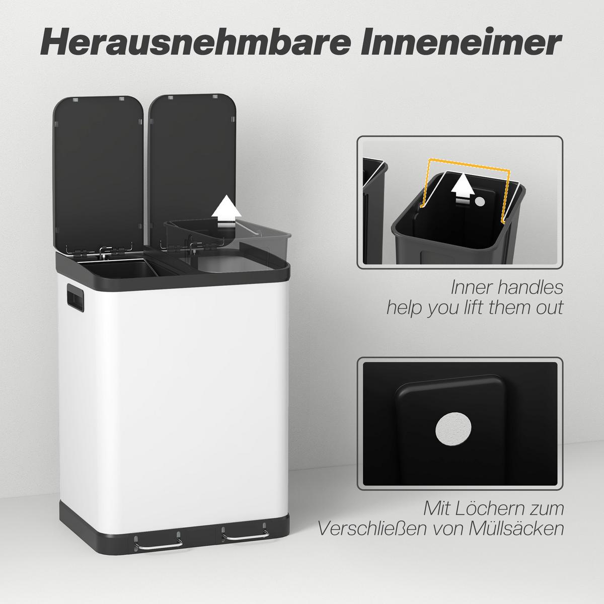 TRETEIMER 30l Metall Kunststoff Weiß - Weiß, Metall (39.5/67/48.8cm) - HOMCOM