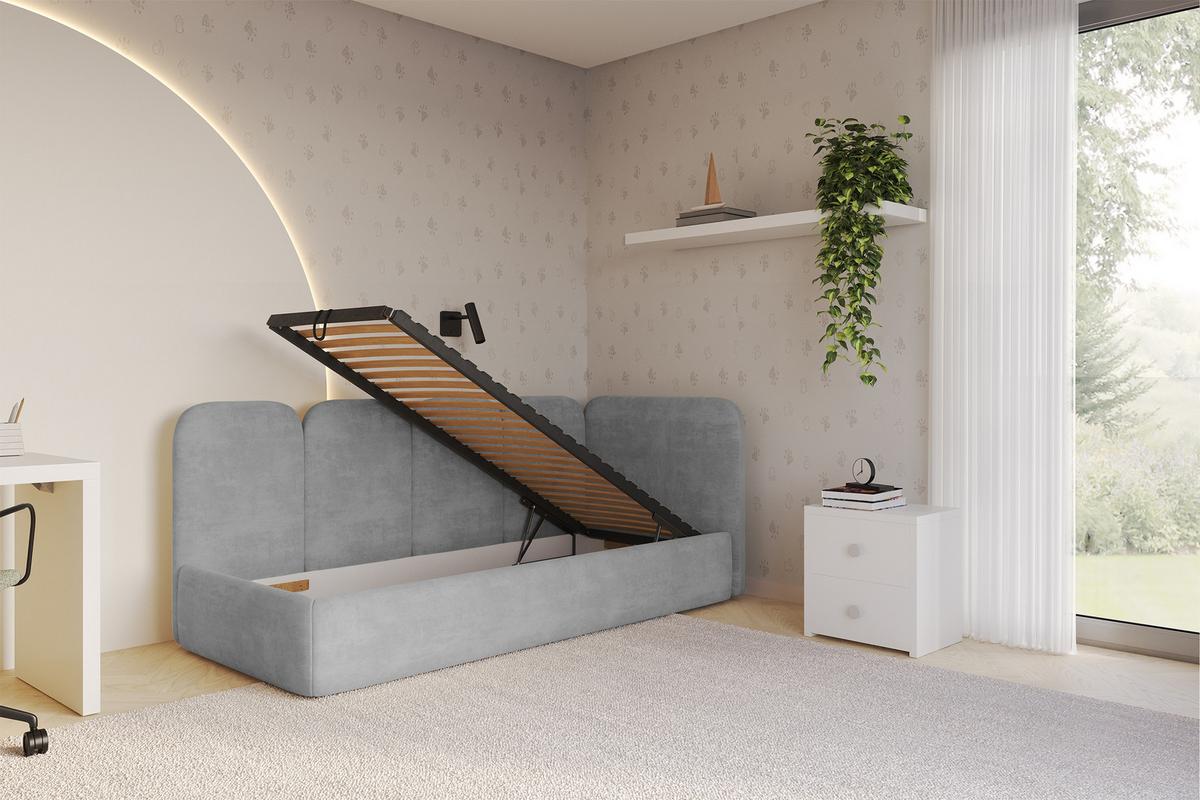 EINZELLBETT Jugendbett mit Bettkasten und Matratze H3/H4, Links - VELY 80x200 Grau - Hellgrau, Holzwerkstoff/Textil (80/200cm) - ALTDECOR