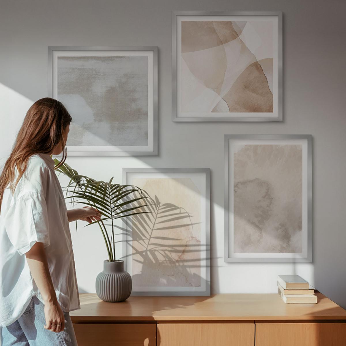 BILDER SET 4er Set - 50x50 cm & 40x60 cm Silberner Rahmen - Warme Aquarell-Pastelltexturen - Silberfarben, Kunststoff (50/50cm) - TULUP