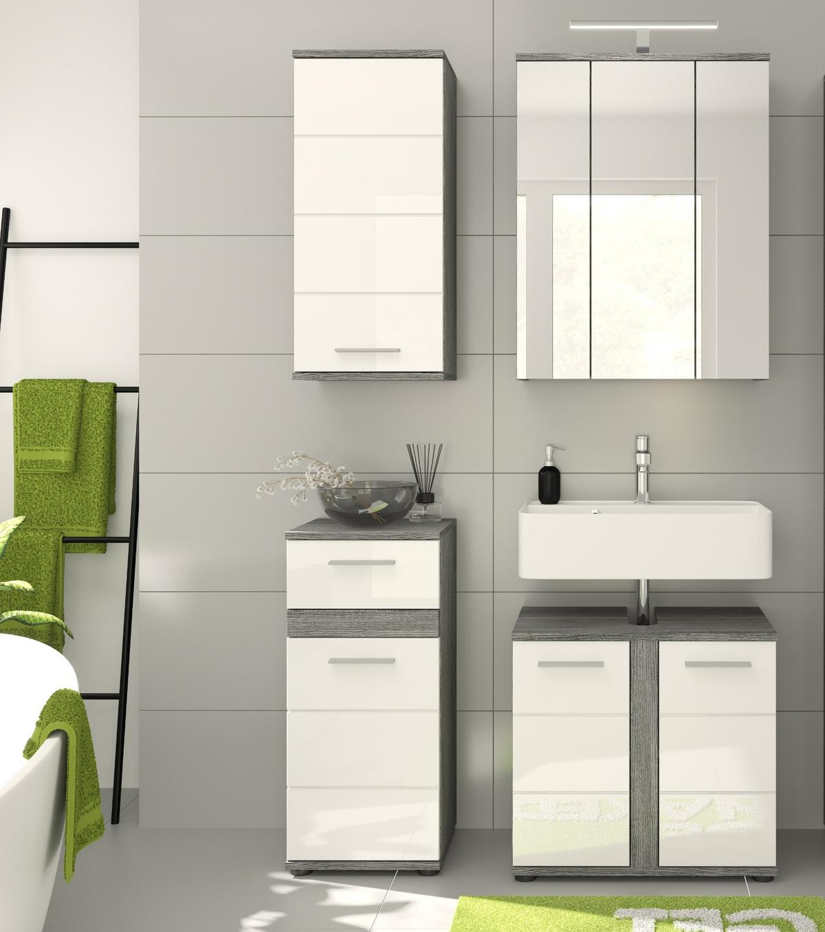 HÄNGESCHRANK weiß Hochglanz, grau, Badschrank mit 3 Fächern - Weiß Hochglanz/Silberfarben, Holzwerkstoff/Kunststoff (35/77/25cm) - Inn.Furn