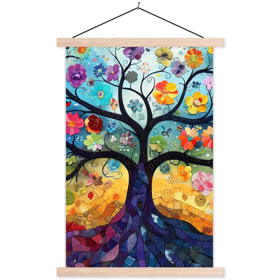 POSTER MIT MAGNETLEISTEN Kunst - Baum des Lebens - Blumen - Hippie Deko Wohnzimmer 40x60 cm - Dunkelblau, Textil (40/60/0.15cm) - MuchoWow