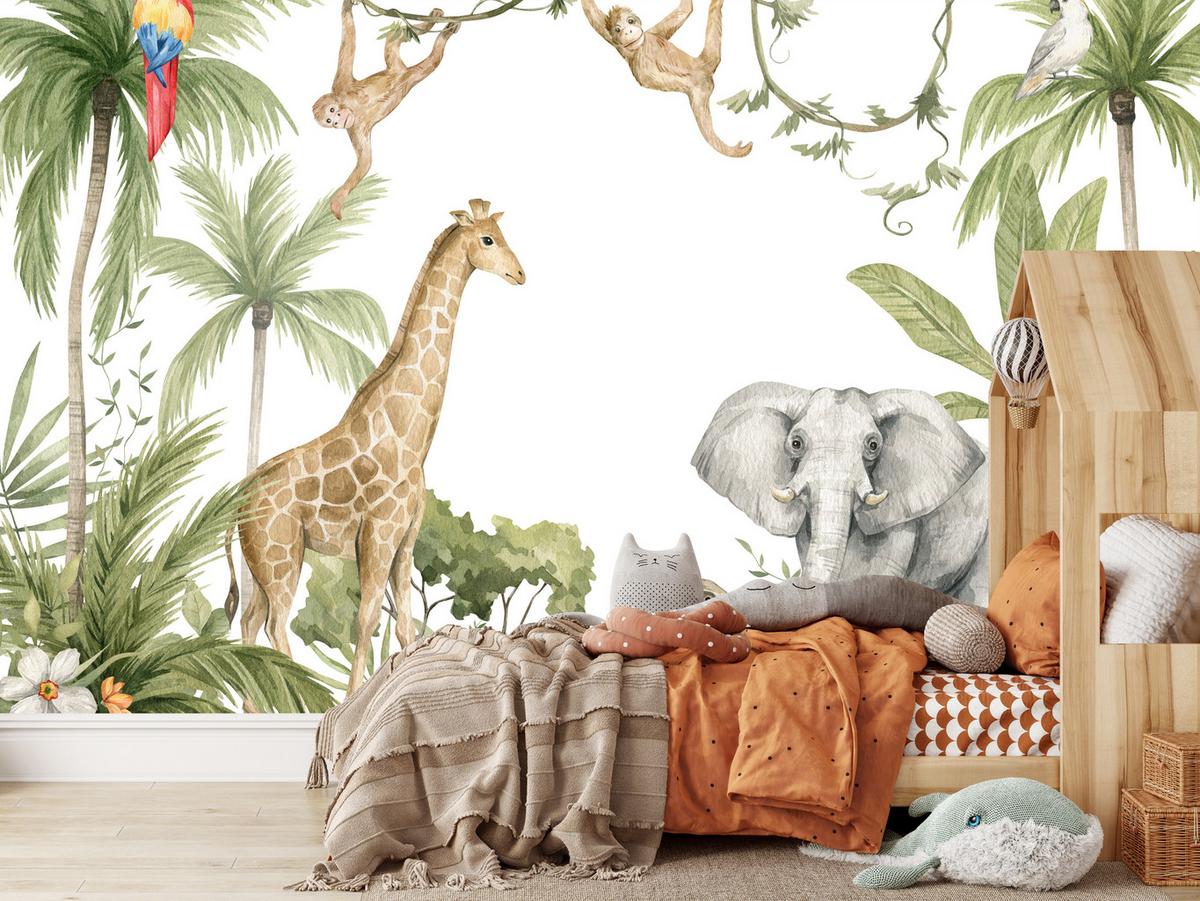 FOTOTAPETE für Kinderzimmer Dschungel Tiere Giraffe Elefant Palmen 200x140 - Beige/Rot, Papier (200/140cm) - Muralo