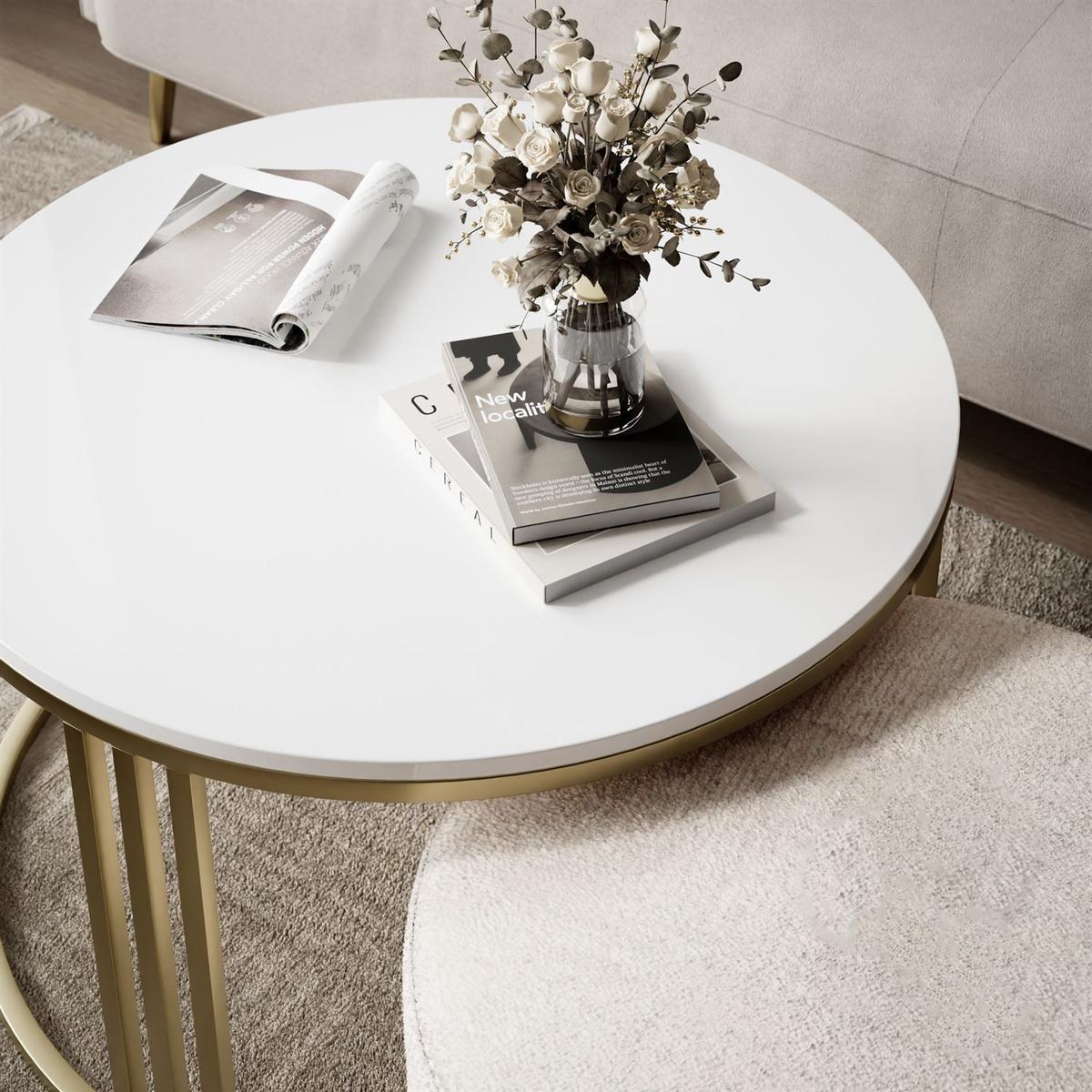 COUCHTISCH mit Hocker LORI Hochglanz gebürstetes Gold/weißer Glanz/Perfect Harmony 01 - Weiß, Metall (70/70/49cm) - Lookway