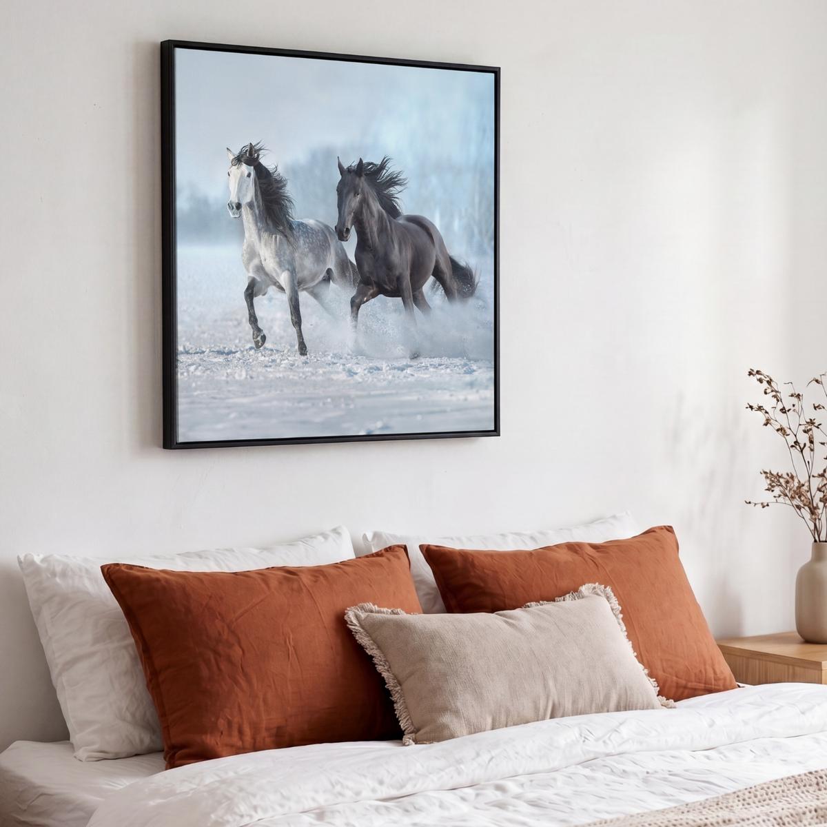 LEINWAND Bilder mit Rahmen - Pferde - Winter - Tiere - Natur - Schnee - 50x50 - Anthrazit, Textil (50/50cm) - MuchoWow