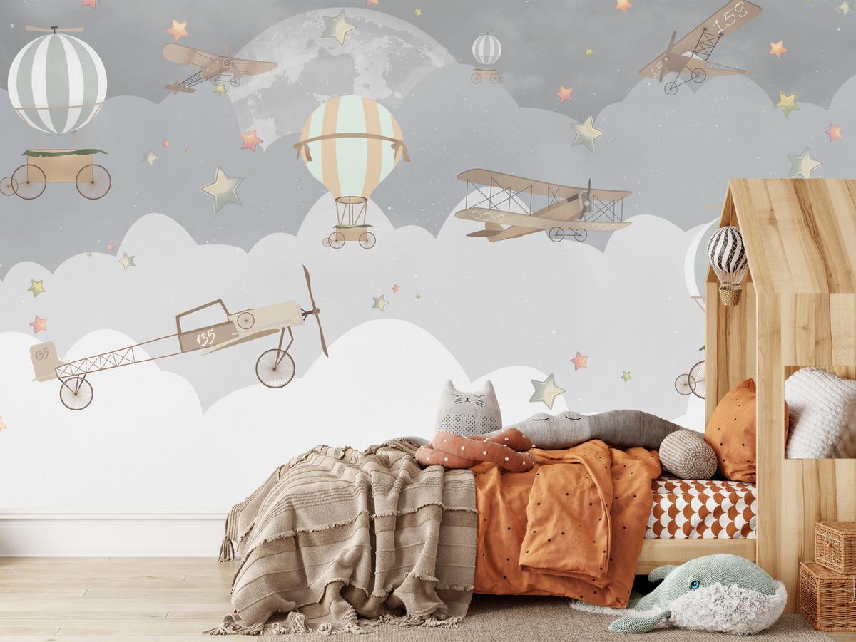 FOTOTAPETE für Kinderzimmer Ballons Wolken Flugzeug Himmel Sterne 500x350 - Multicolor, Papier (500/350cm) - Muralo