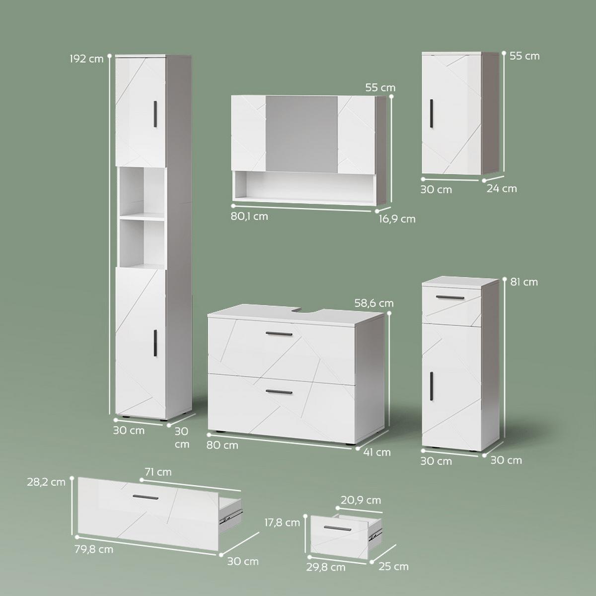 BADMÖBEL-SET Ronco Weiß Hochglanz 5 Teile - Weiß Hochglanz, Holzwerkstoff (41/80/58cm) - Livinity®