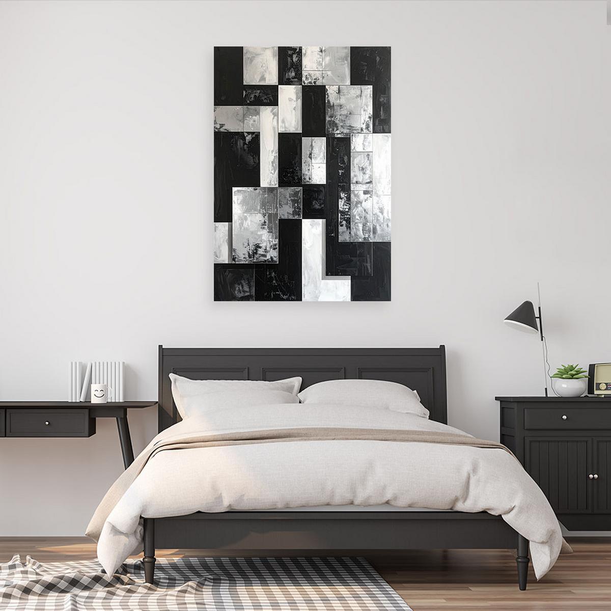 LEINWANDBILD, Geometrische Quadrate abstrakt schwarz und weiß - Schwarz, Textil (60/90cm) - Feeby