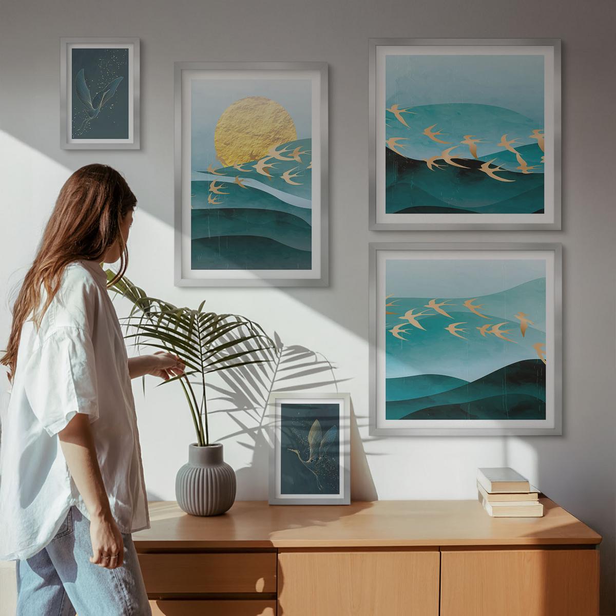 BILDER SET 5er Set - 50x50 cm & 20x30 cm & 40x60 cm Silberner Rahmen - Stilvolle Landschaften mit Vögeln - Silberfarben, Kunststoff (40/60cm) - TULUP