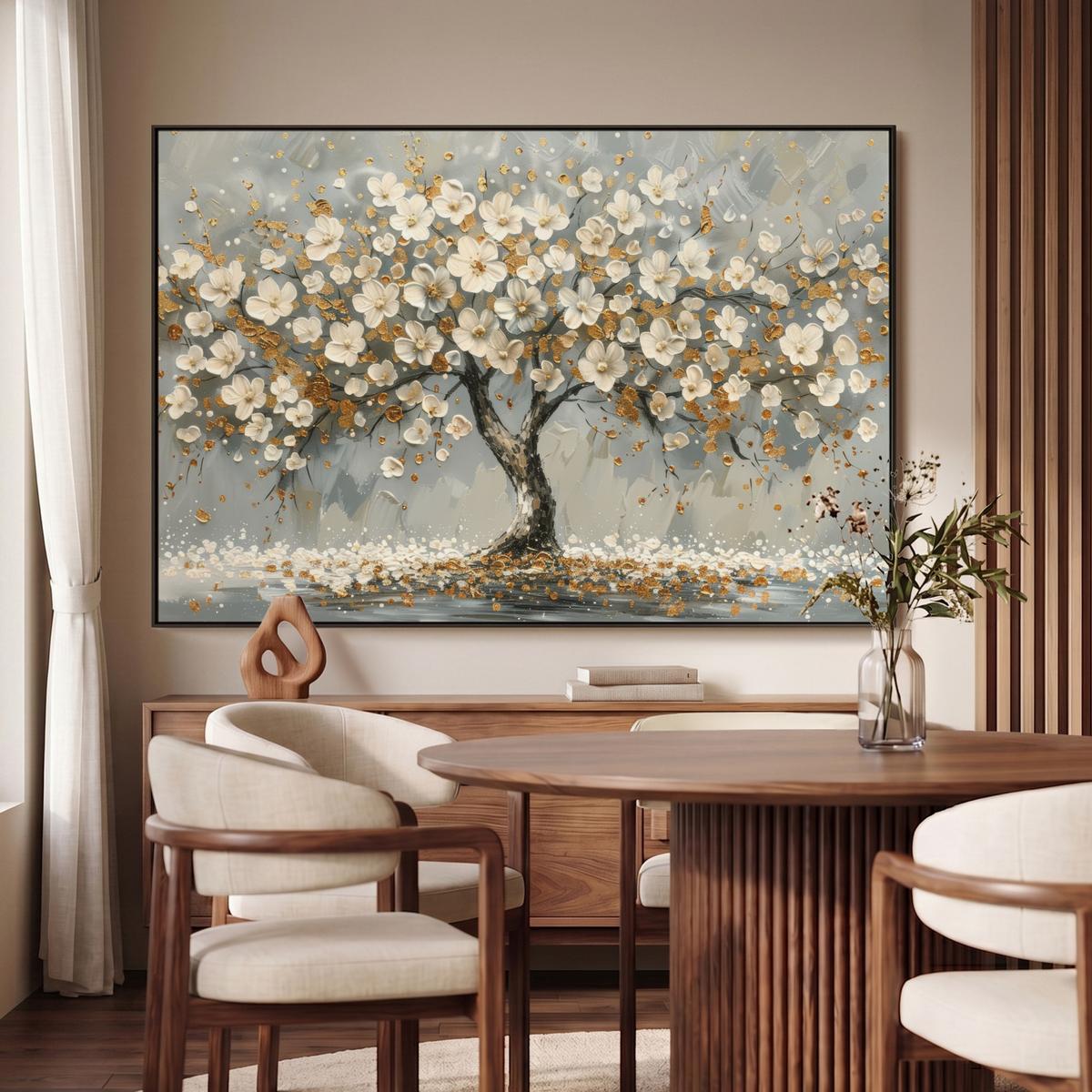 LEINWAND Bilder mit Rahmen - Baum - Blumen - Weiß - Natur - Kunst - 140x90 - Weiß, Textil (140/90cm) - MuchoWow