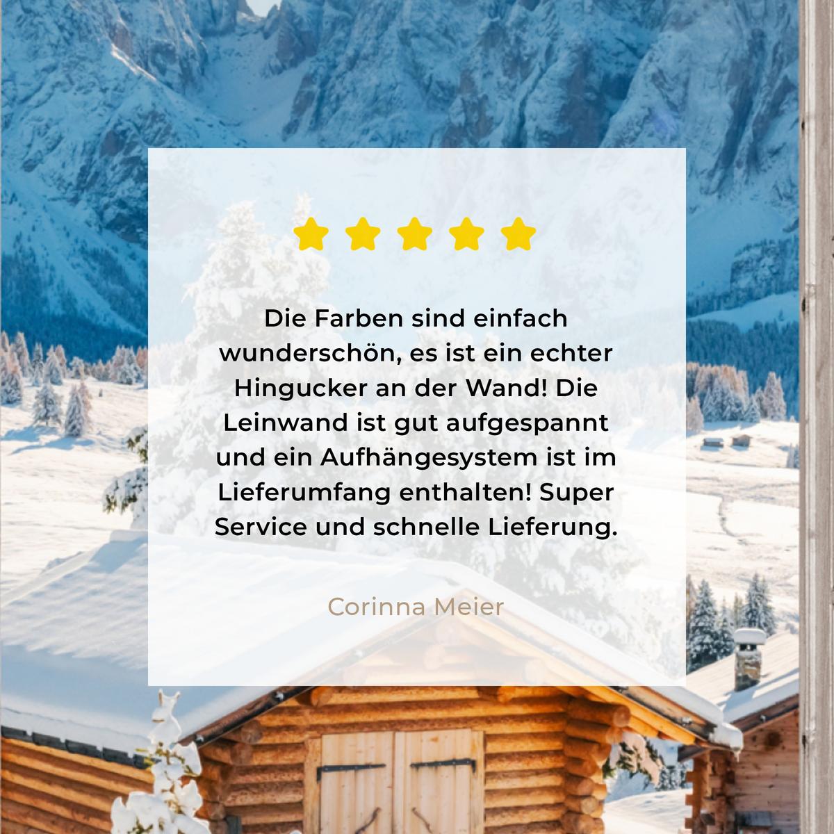 LEINWANDBILD Winterlandschaft - Hütte - Berge - Ausblicke - Aussicht - Natur Deko Wohnzimmer 20x20 cm - Weiß Hochglanz, Textil (20/20cm) - MuchoWow