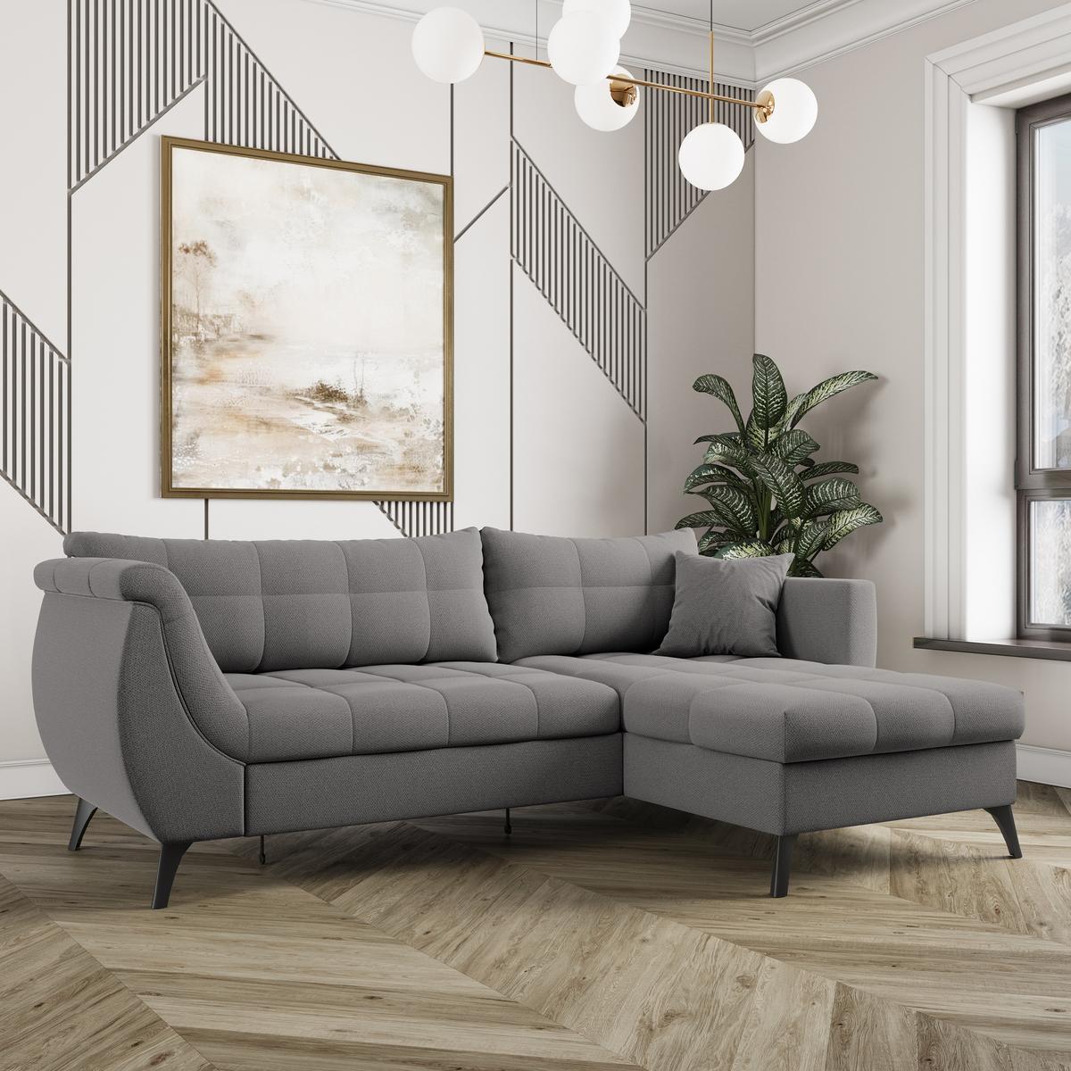 ECKSOFA MOLLIS Grau Geflochtener-Stoff mit Schlaffunktion - Grau, Holz (241/154cm) - MASSENO